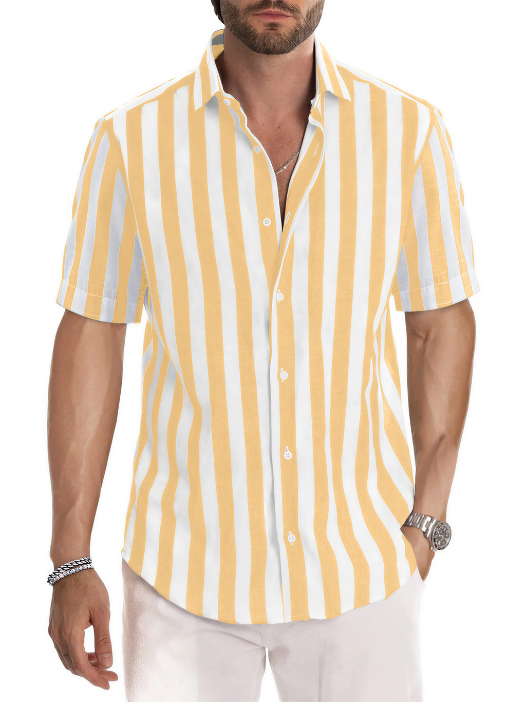 LIVORA Men's Striped Cotton Short Sleeve Shirt | Button-Up Casual Style