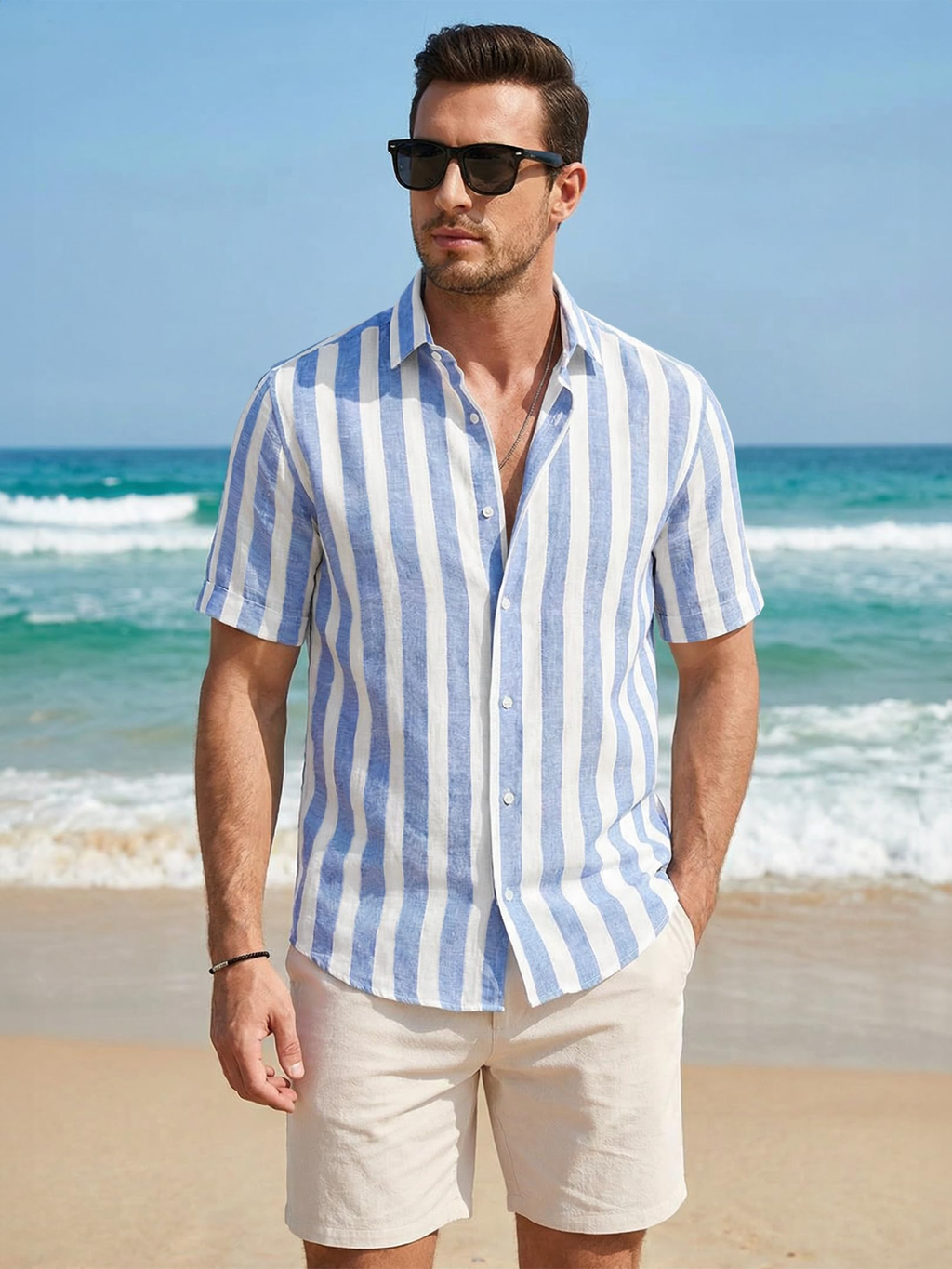 LIVORA Men's Striped Cotton Short Sleeve Shirt | Button-Up Casual Style