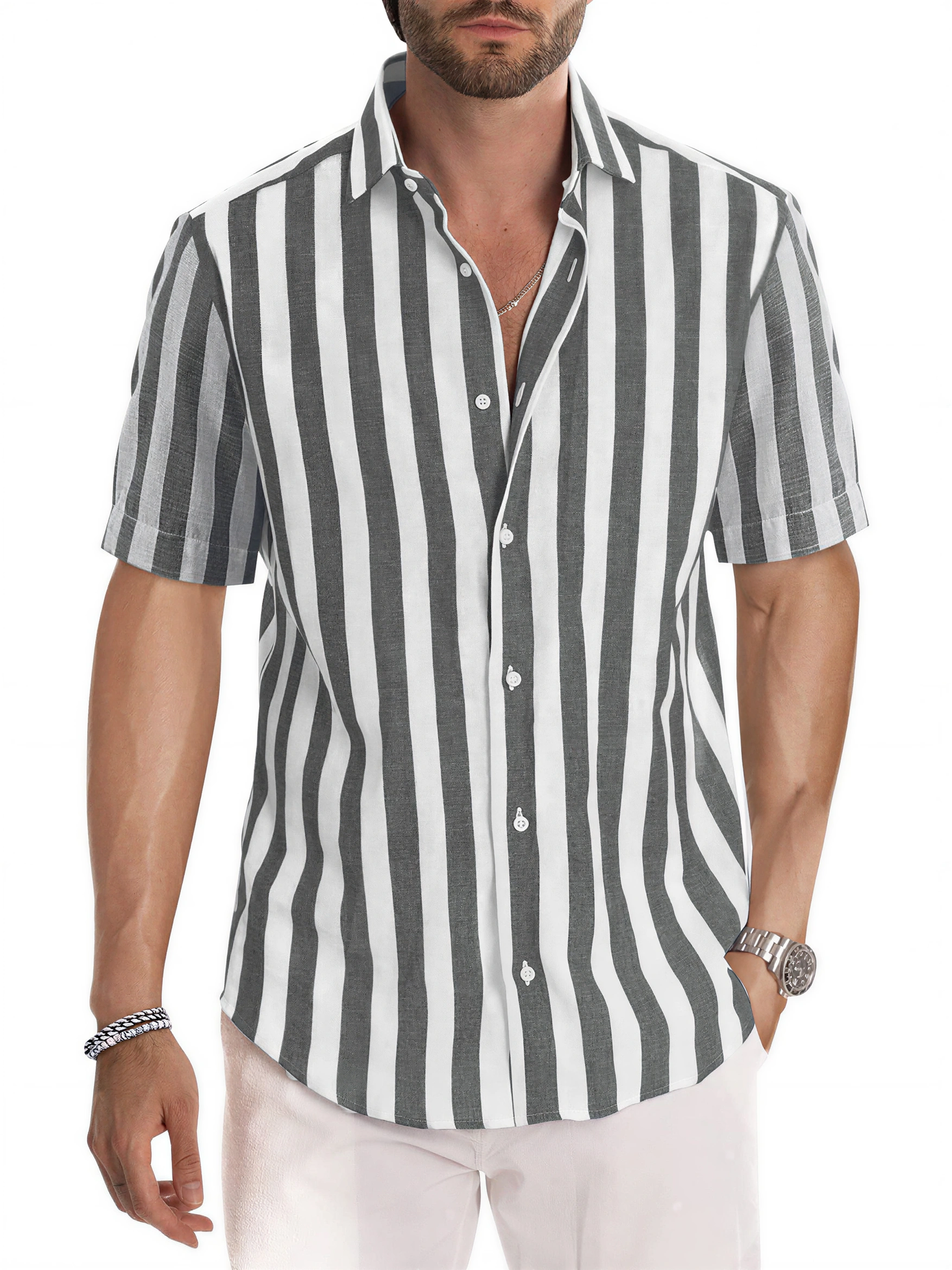 LIVORA Men's Striped Cotton Short Sleeve Shirt | Button-Up Casual Style