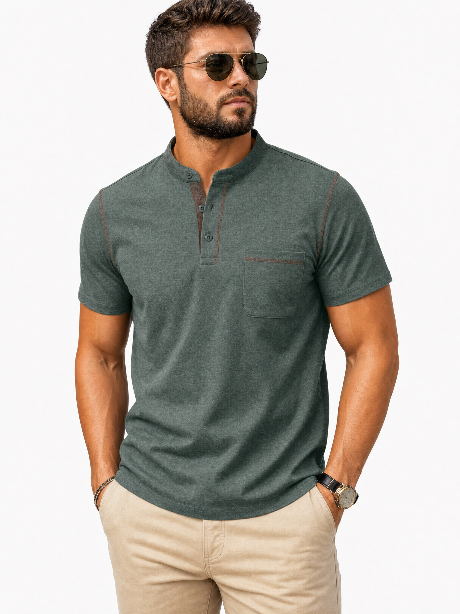 LIVORA Men's Cotton Short Sleeve Henley Shirt | Button Front with Pocket
