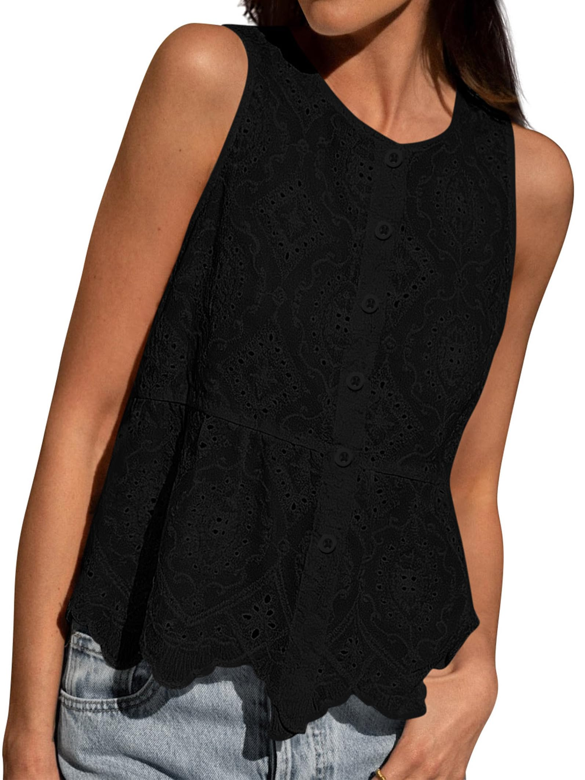 LIVORA Women's Embroidered Eyelet Blouse | Sleeveless Button Down Summer Top