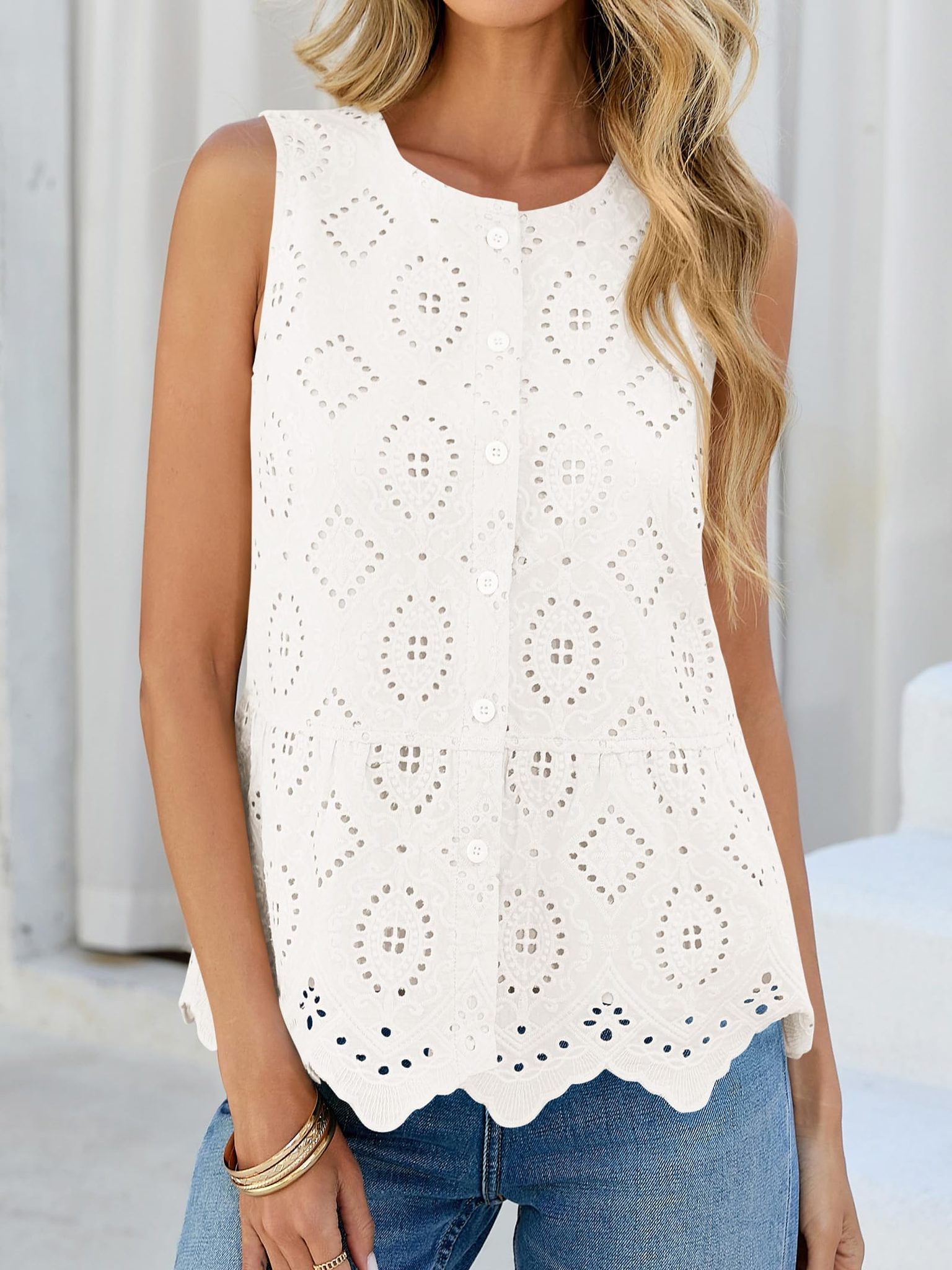 LIVORA Women's Embroidered Eyelet Blouse | Sleeveless Button Down Summer Top