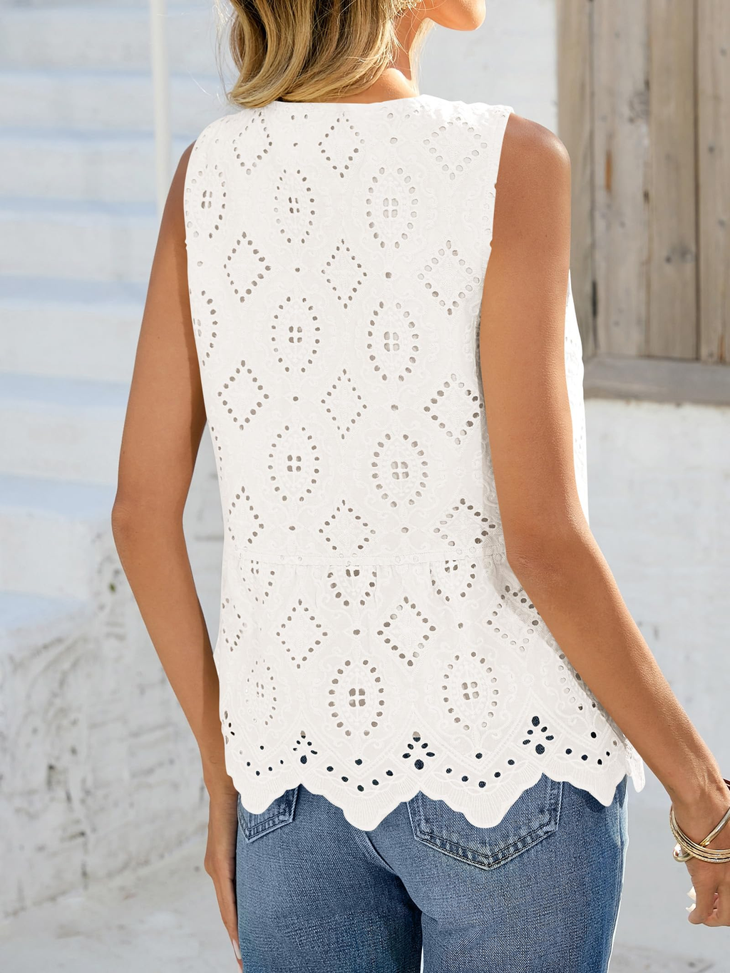 LIVORA Women's Embroidered Eyelet Blouse | Sleeveless Button Down Summer Top
