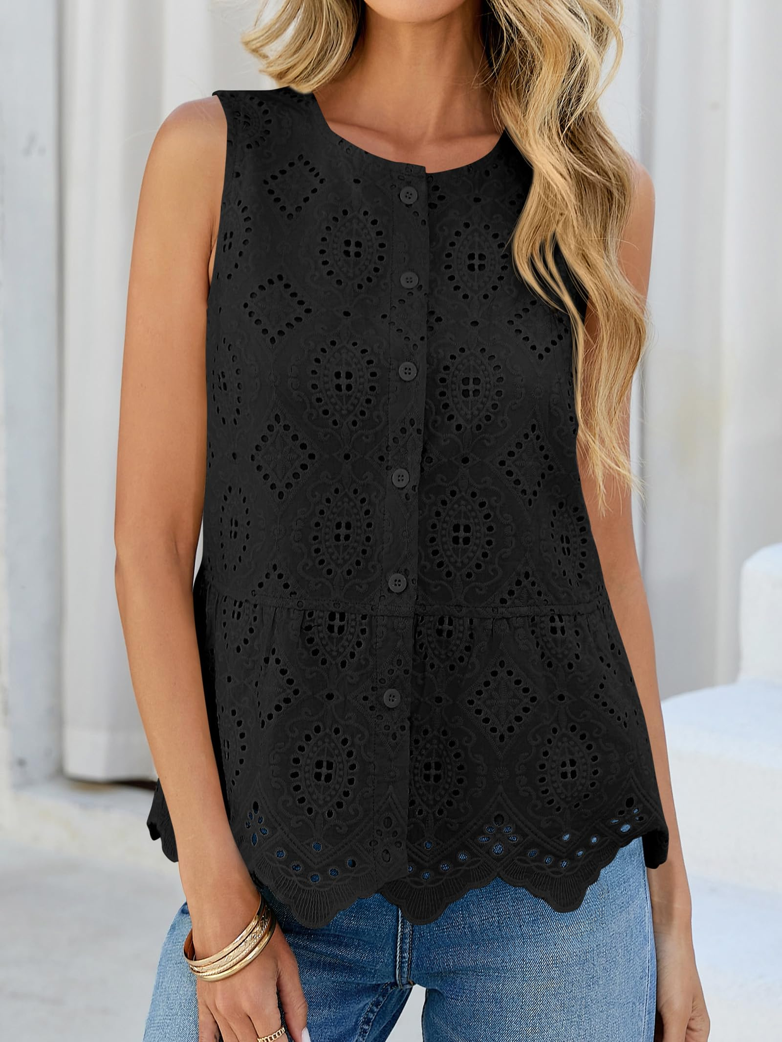 LIVORA Women's Embroidered Eyelet Blouse | Sleeveless Button Down Summer Top