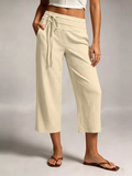 LIVORA Women's Linen Wide Leg Capri Pants | Front Tie Elastic Waist