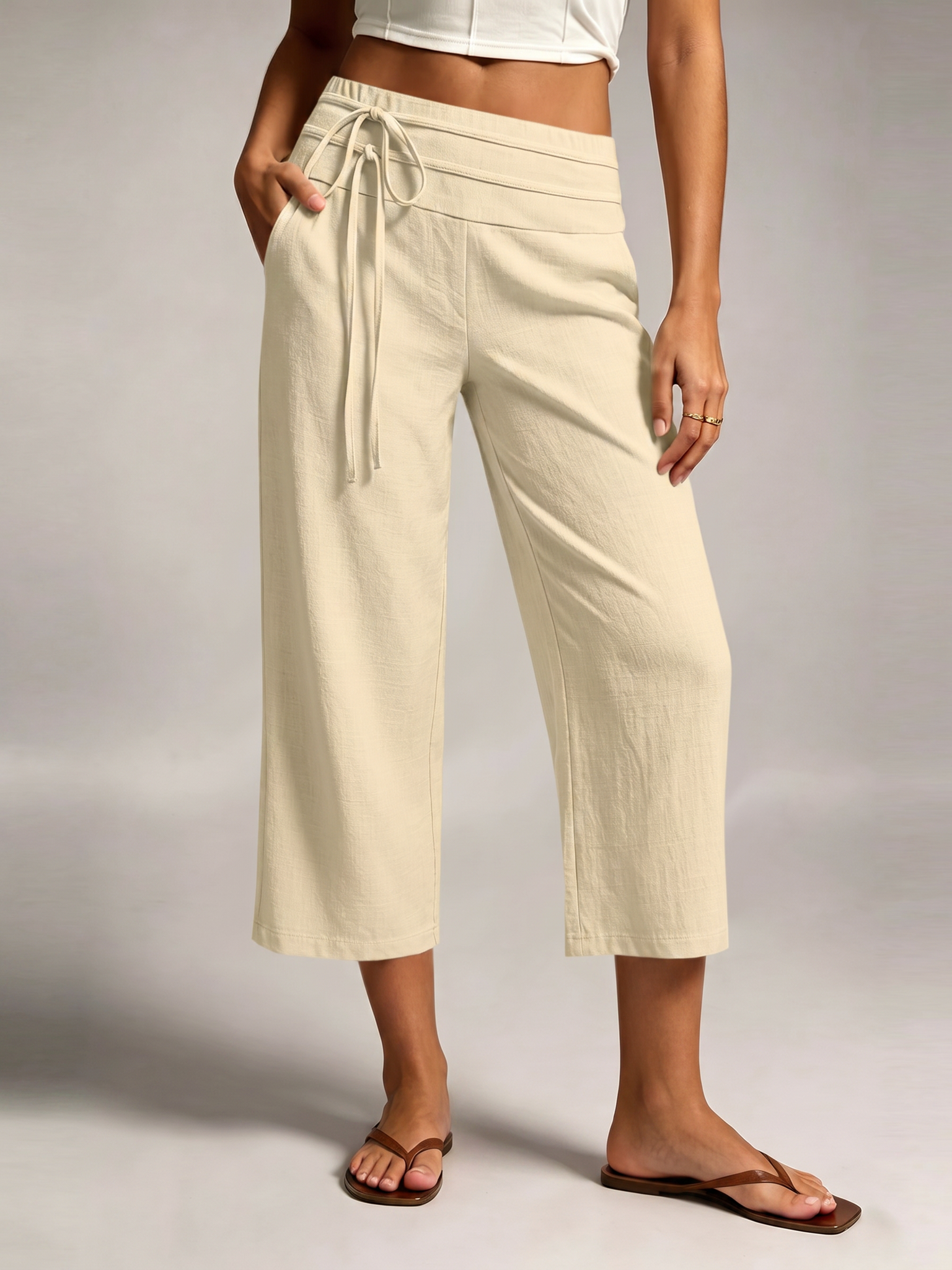 LIVORA Women's Linen Wide Leg Capri Pants | Front Tie Elastic Waist