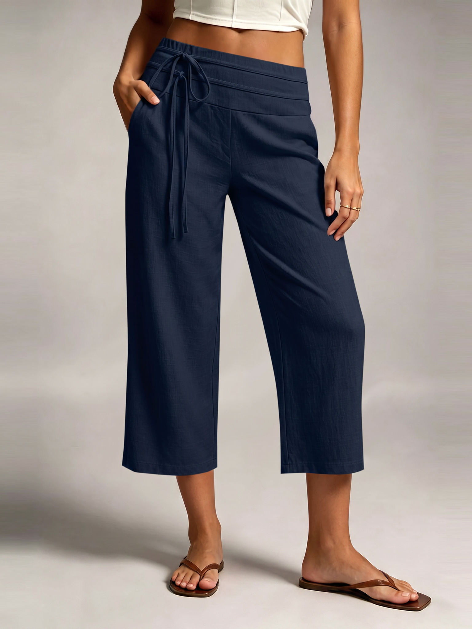 LIVORA Women's Linen Wide Leg Capri Pants | Front Tie Elastic Waist