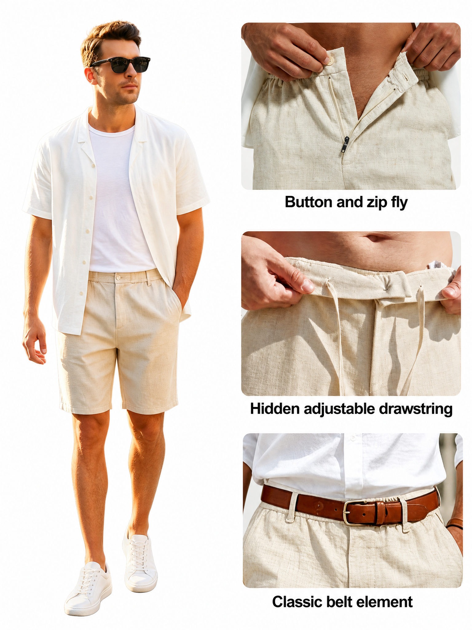 Men's Linen Chino Shorts | Concealed Drawstring & Zipper Pockets