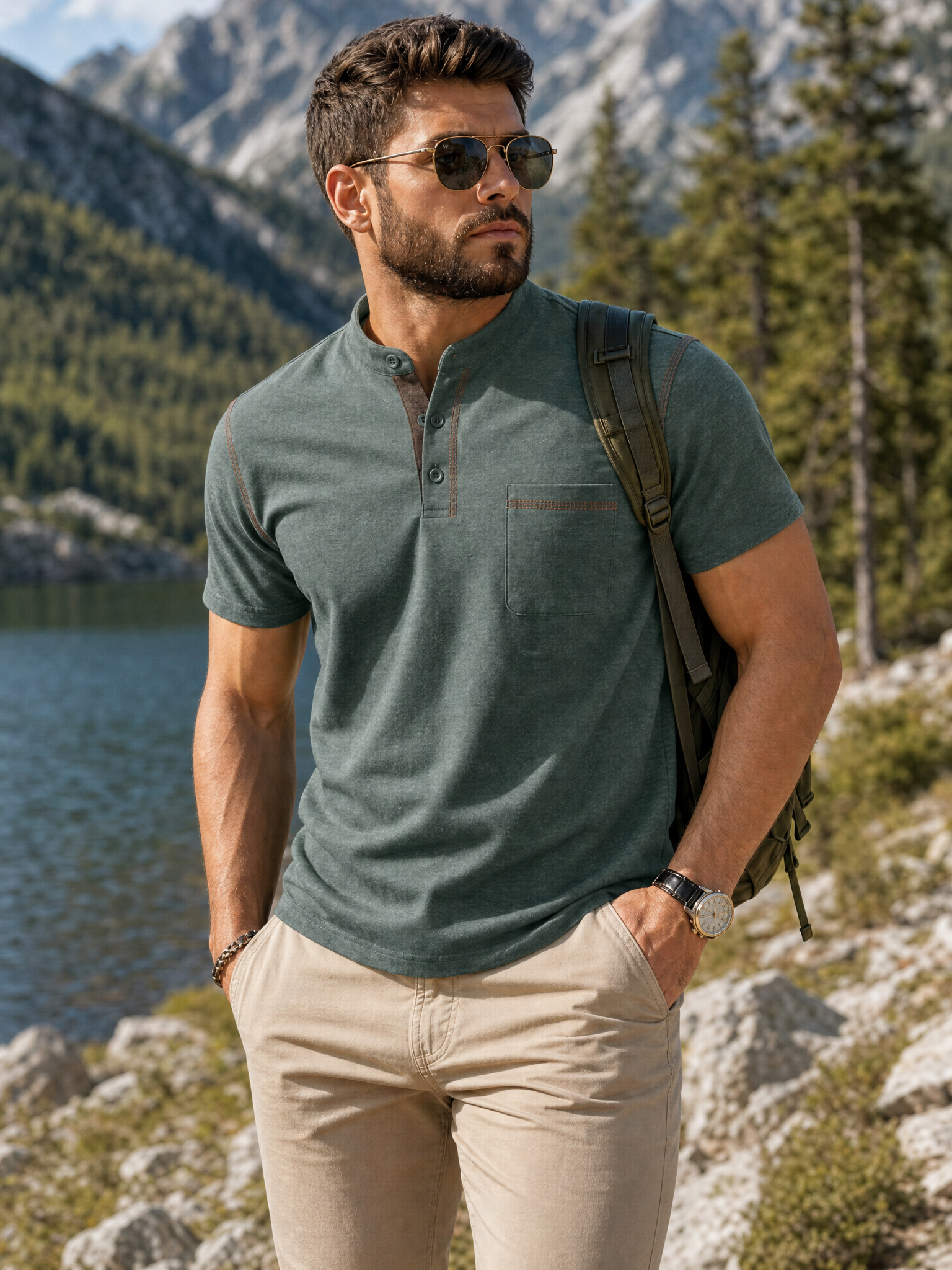 LIVORA Men's Cotton Short Sleeve Henley Shirt | Button Front with Pocket