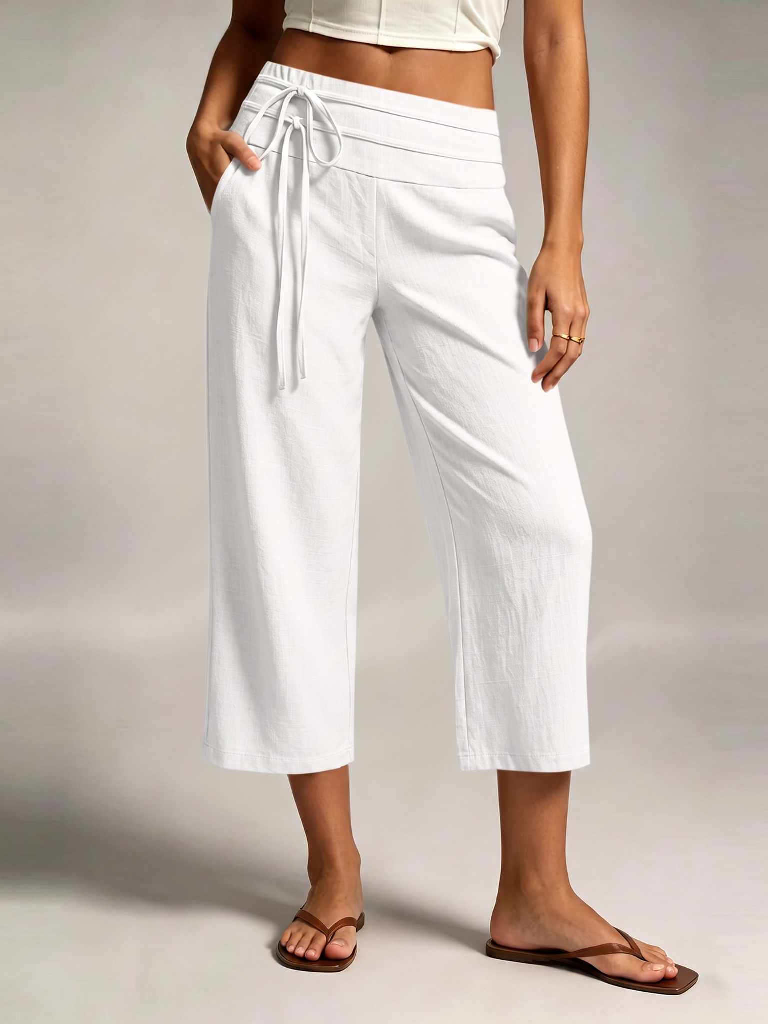 LIVORA Women's Linen Wide Leg Capri Pants | Front Tie Elastic Waist