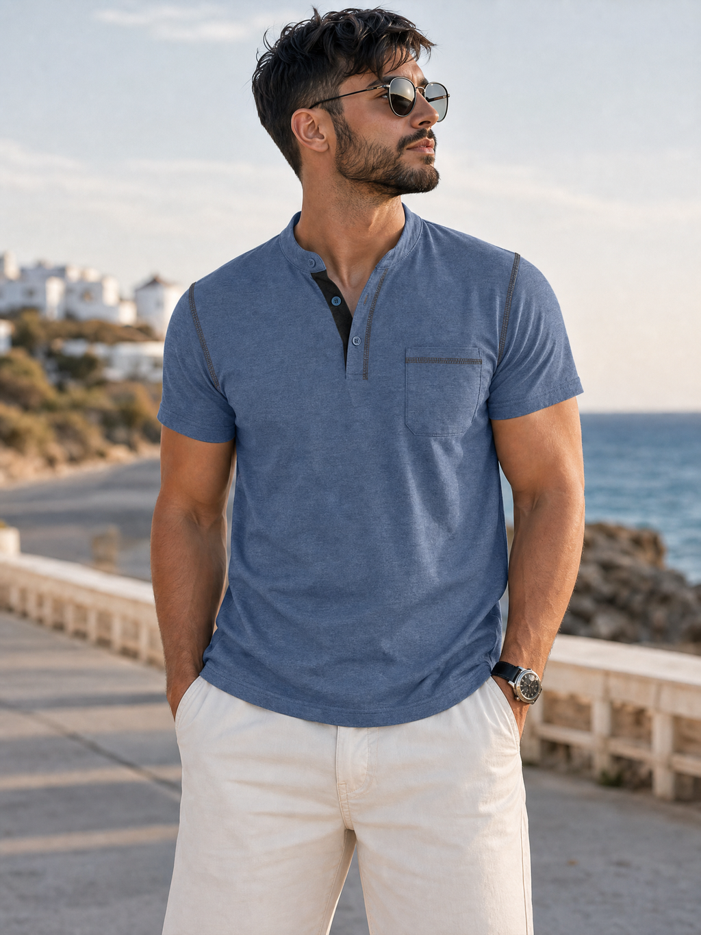 LIVORA Men's Cotton Short Sleeve Henley Shirt | Button Front with Pocket