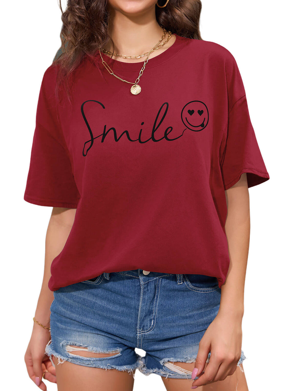 Women Oversized Smile Print Cotton T Shirt
