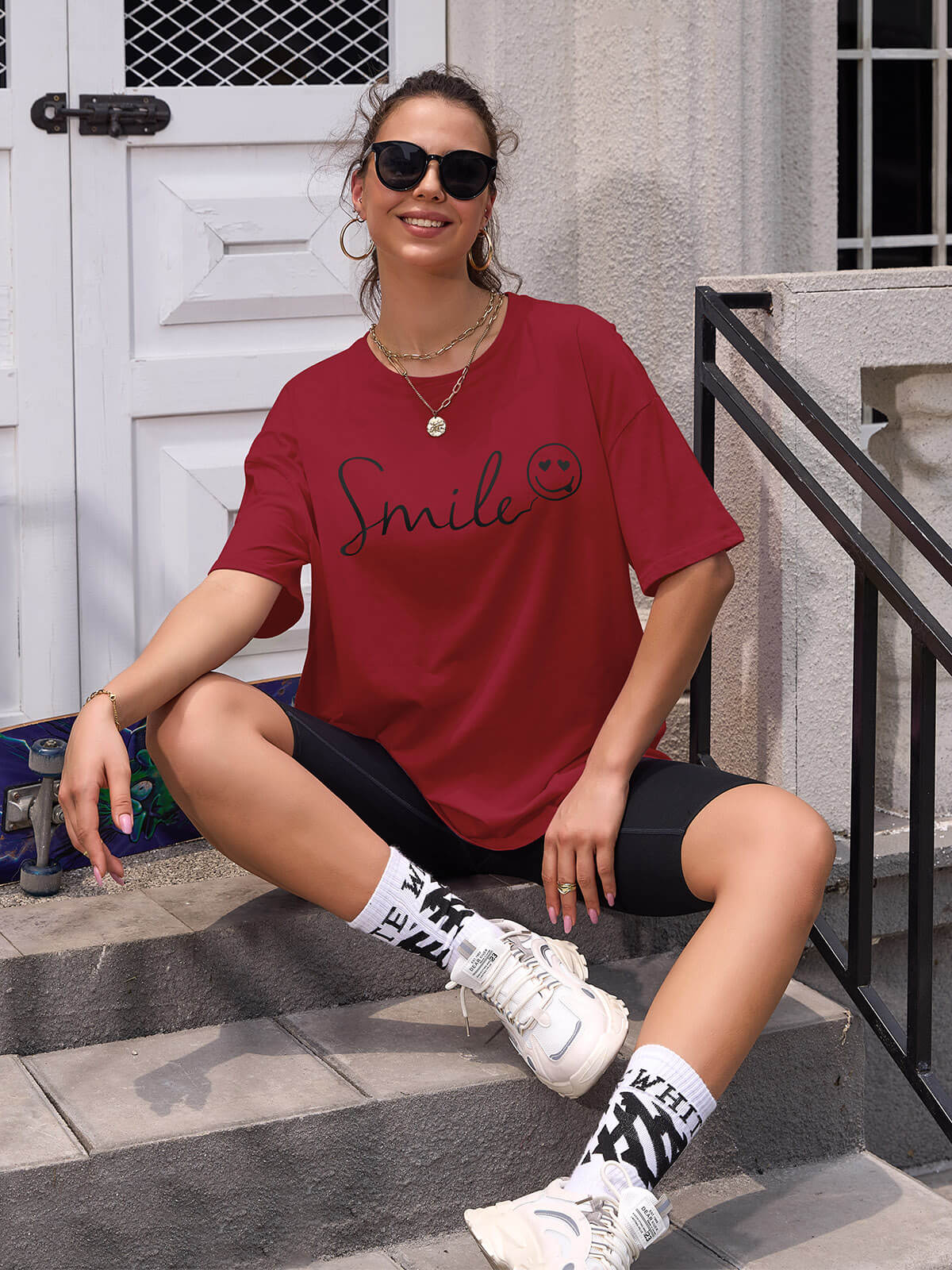 Women Oversized Smile Print Cotton T Shirt