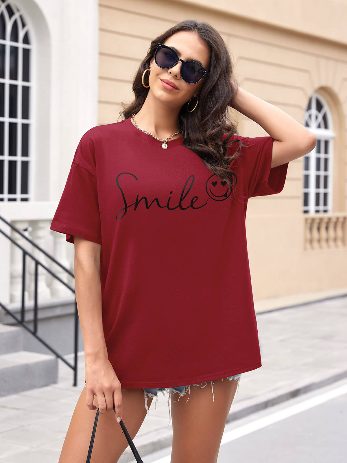 Women Oversized Smile Print Cotton T Shirt