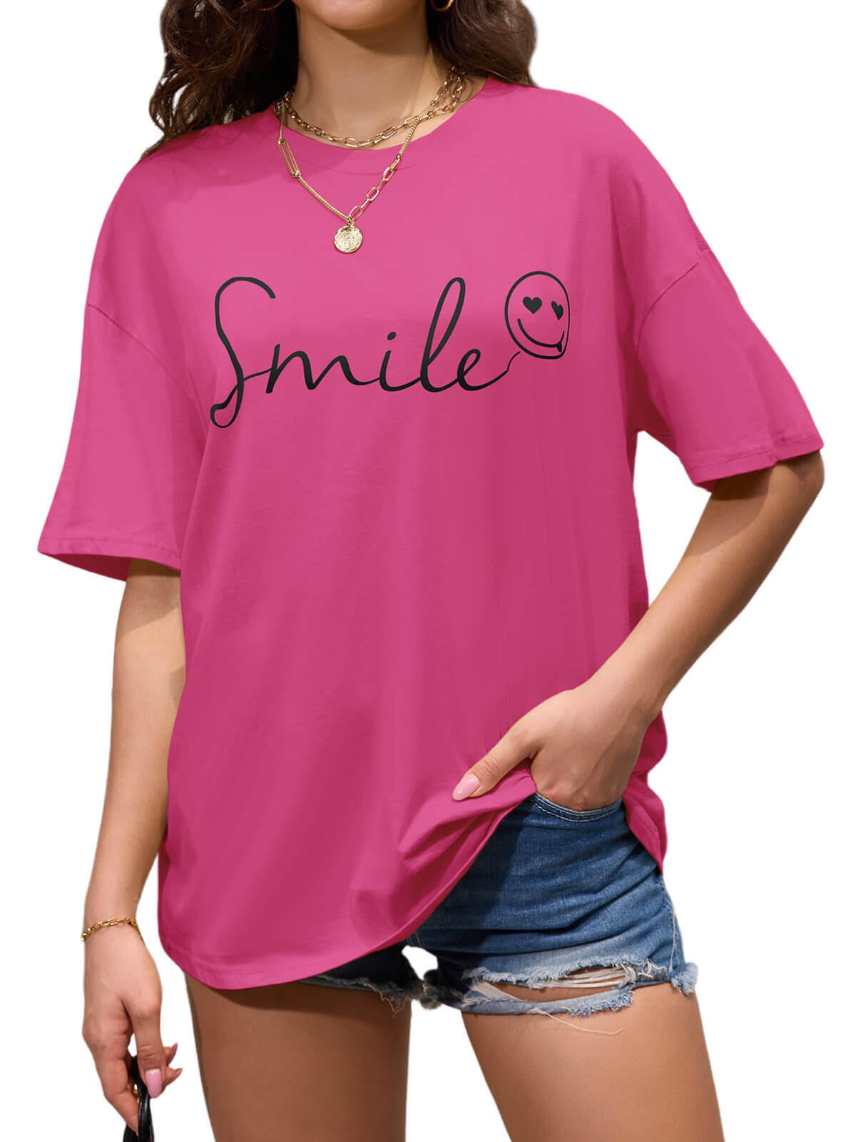 Women Oversized Smile Print Cotton T Shirt