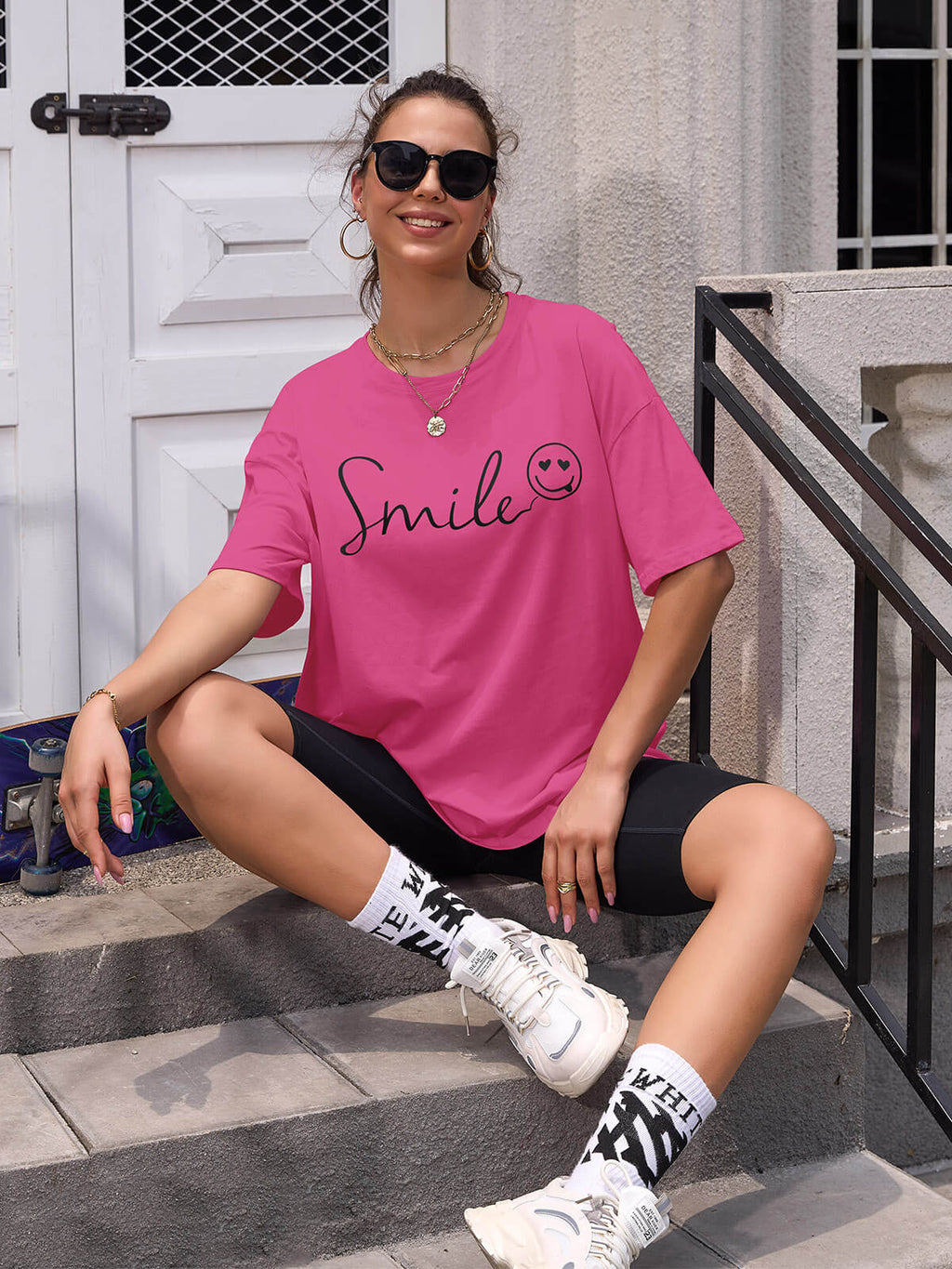 Women Oversized Smile Print Cotton T Shirt