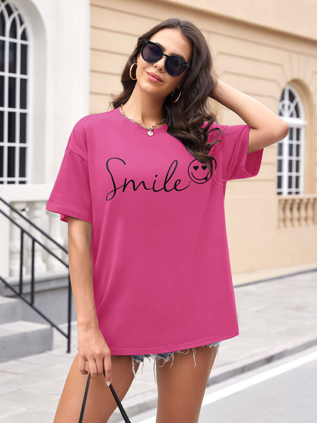 Women Oversized Smile Print Cotton T Shirt
