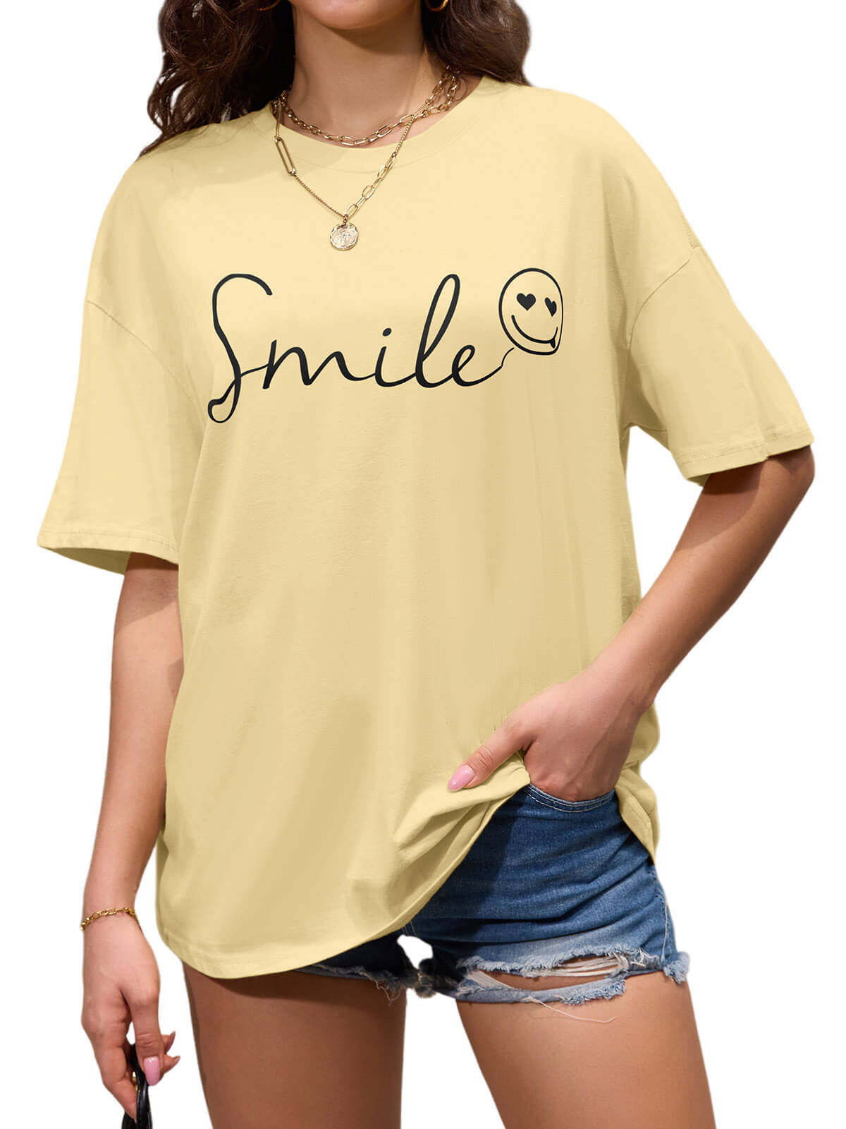 Women Oversized Smile Print Cotton T Shirt