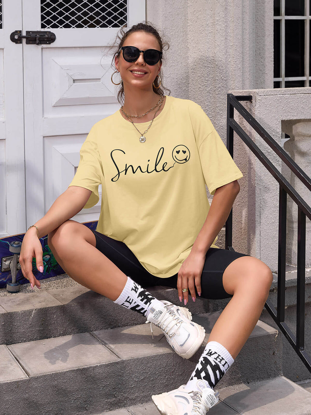Women Oversized Smile Print Cotton T Shirt