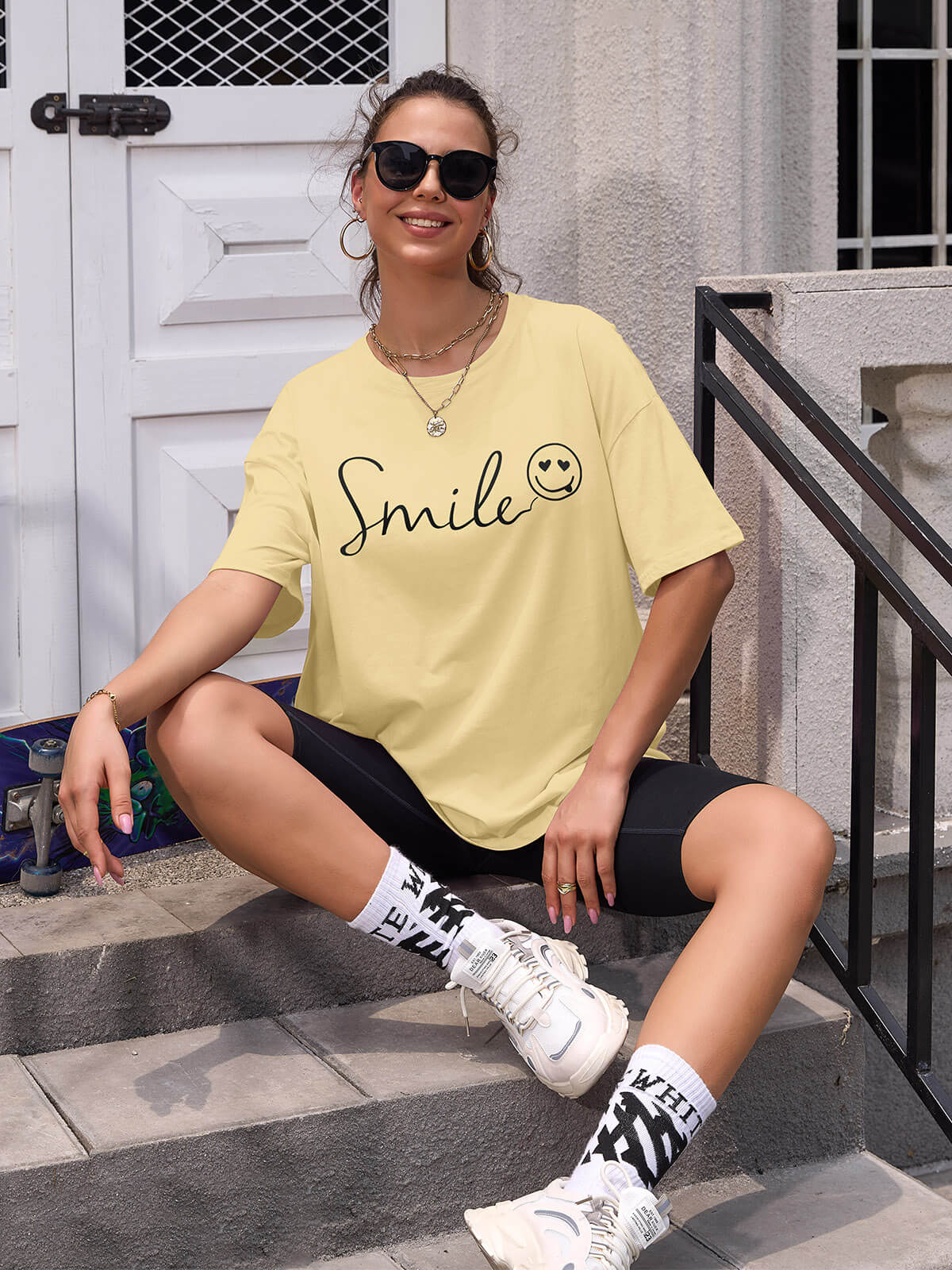 Women Oversized Smile Print Cotton T Shirt