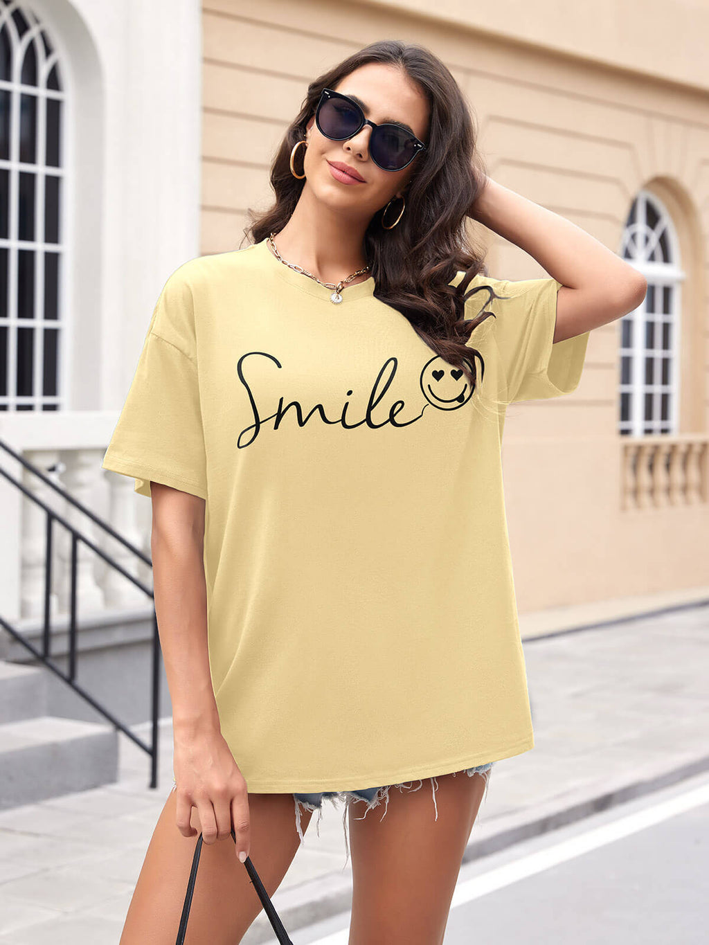 Women Oversized Smile Print Cotton T Shirt