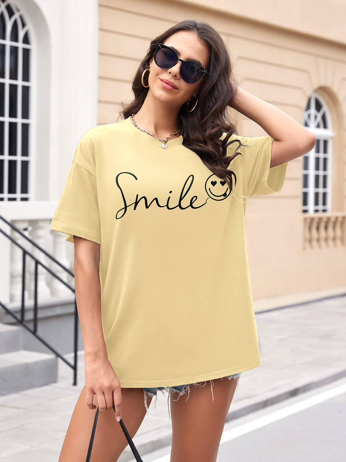Women Oversized Smile Print Cotton T Shirt