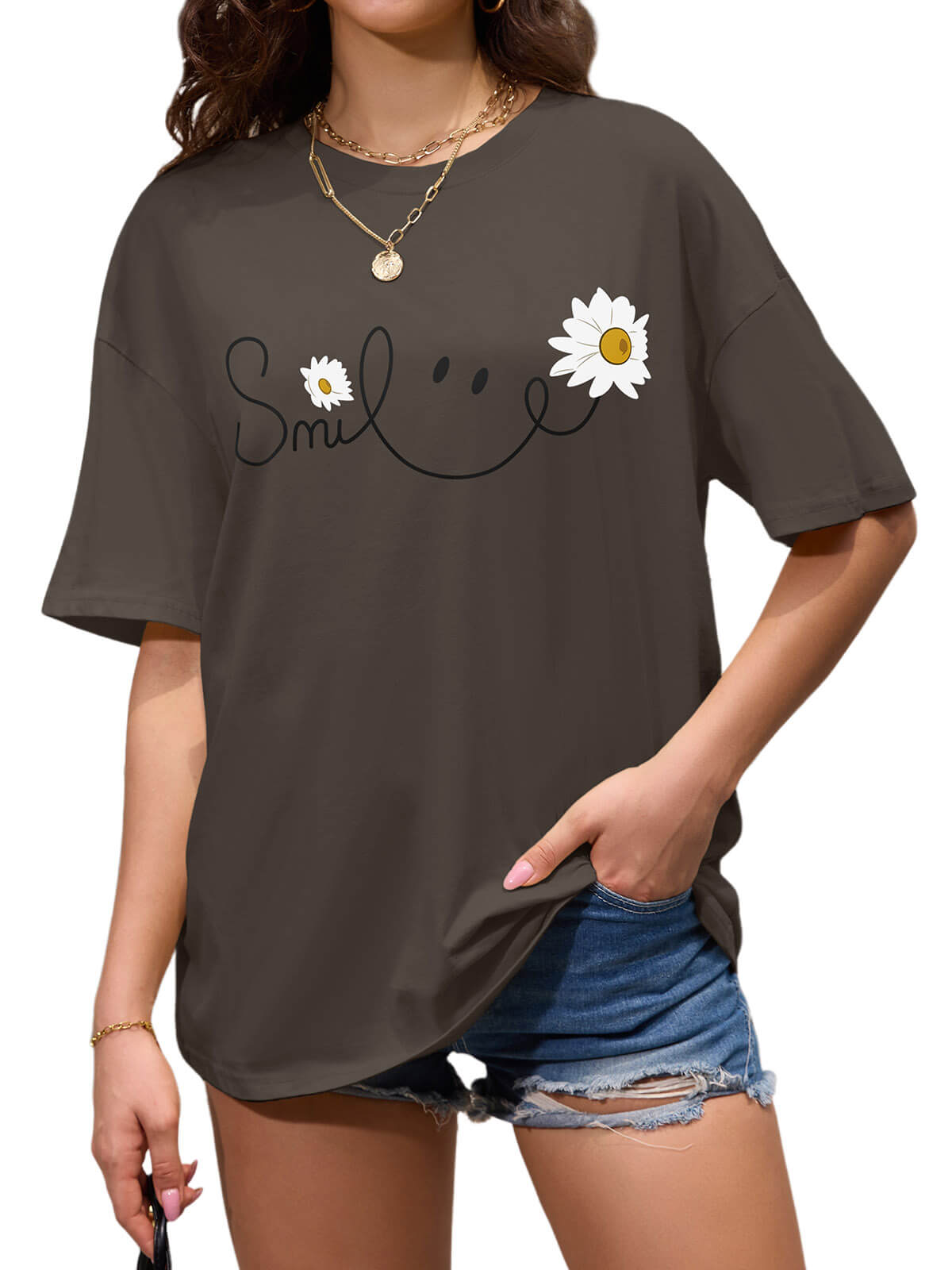 Women Oversized Smile Print Cotton T Shirt