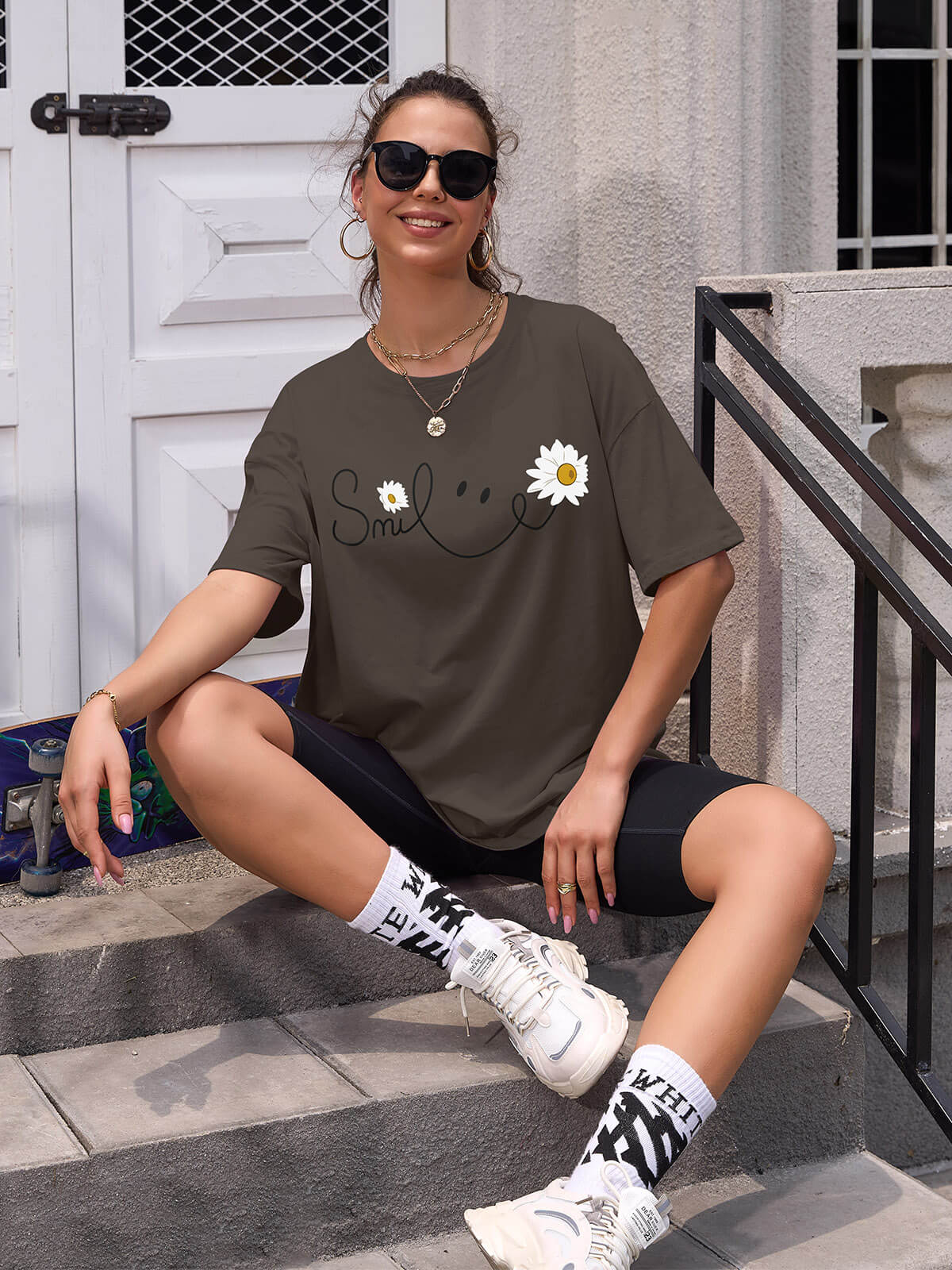 Women Oversized Smile Print Cotton T Shirt