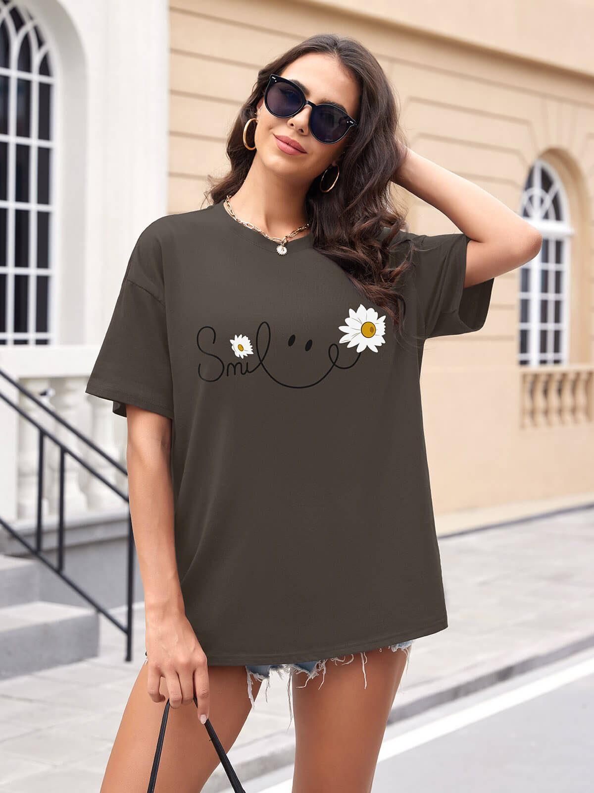 Women Oversized Smile Print Cotton T Shirt
