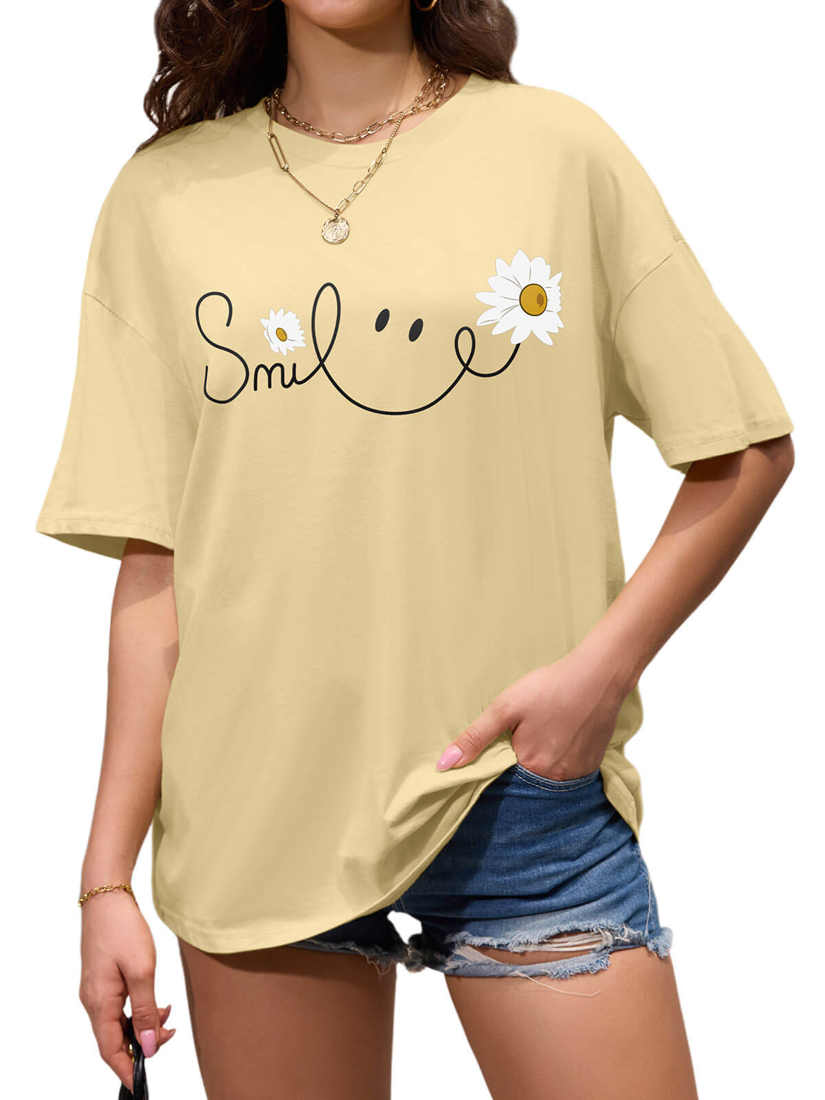 Women Oversized Smile Print Cotton T Shirt