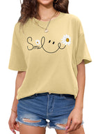 Women Oversized Smile Print Cotton T Shirt