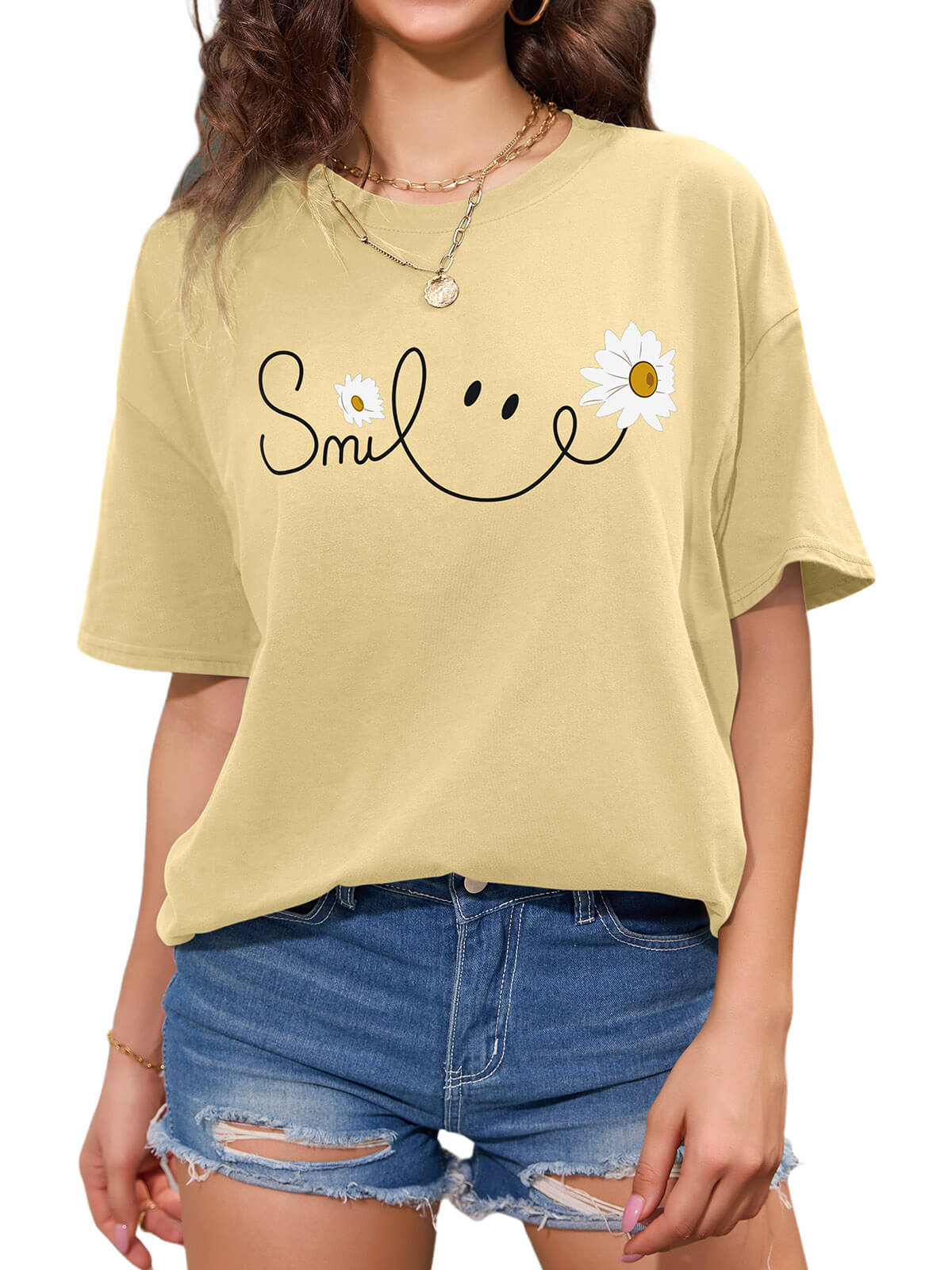 Women Oversized Smile Print Cotton T Shirt