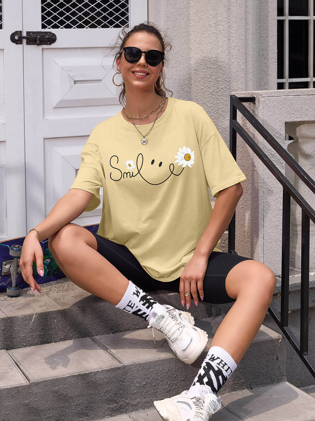 Women Oversized Smile Print Cotton T Shirt