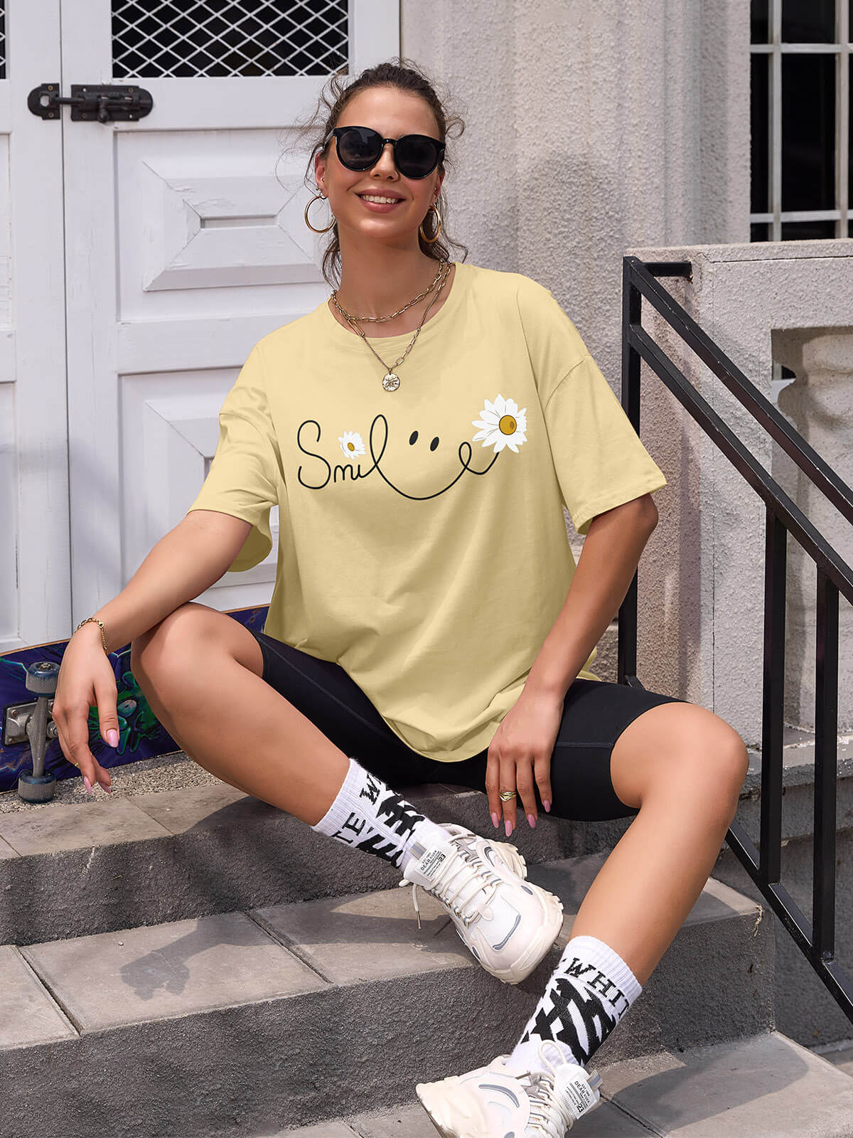 Women Oversized Smile Print Cotton T Shirt