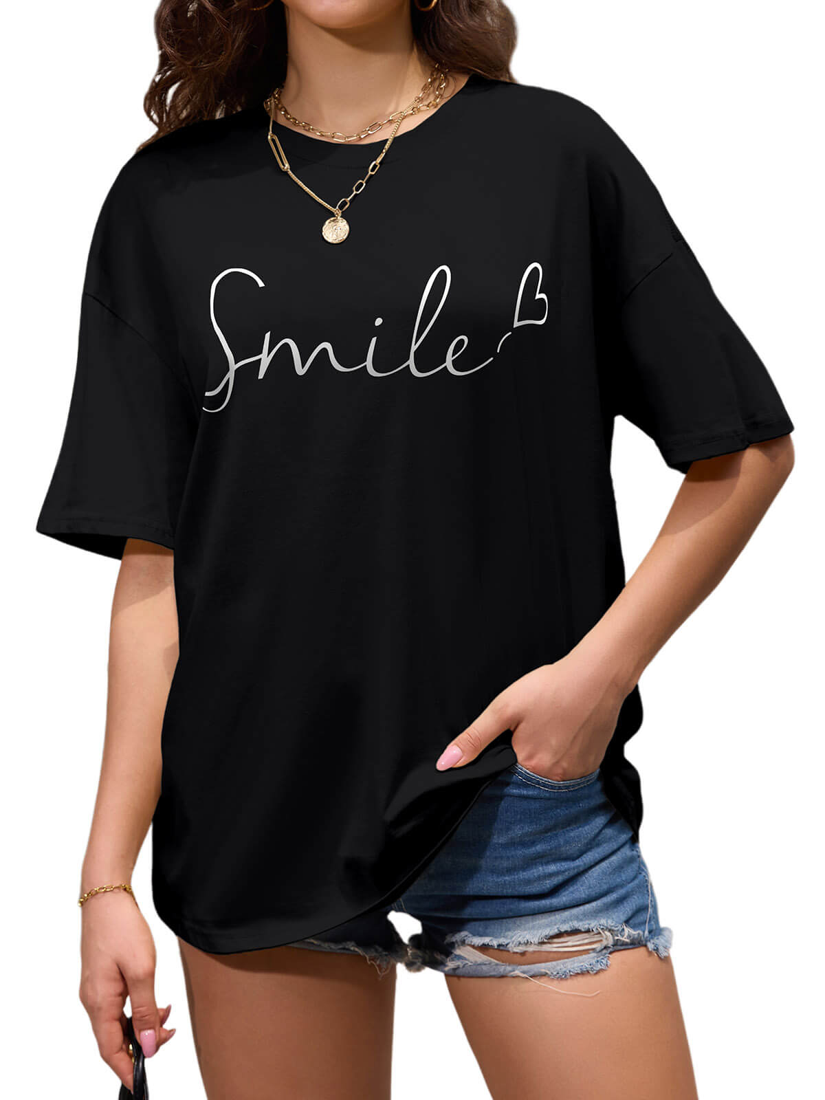 Women Oversized Smile Print Cotton T Shirt