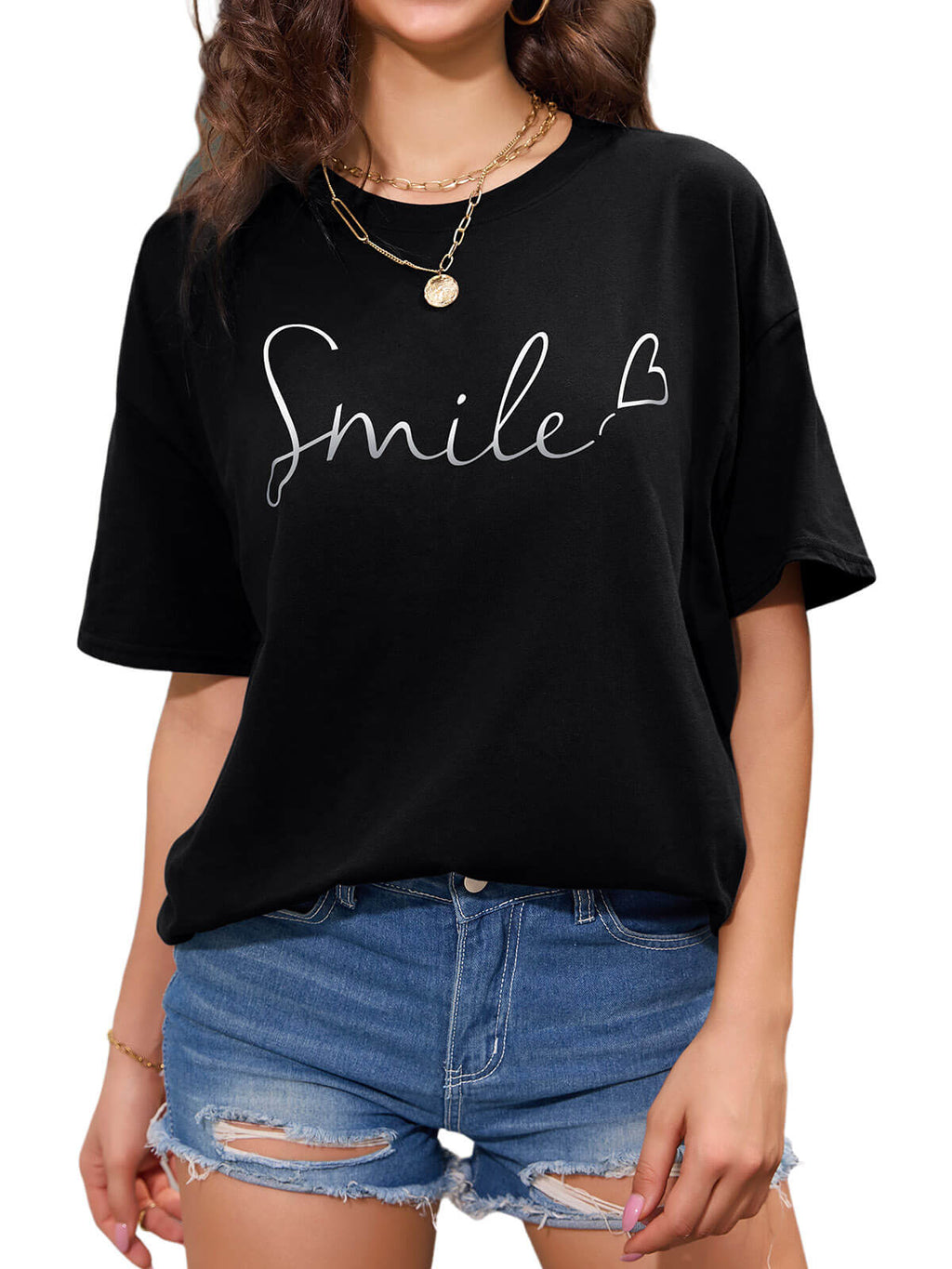 Women Oversized Smile Print Cotton T Shirt