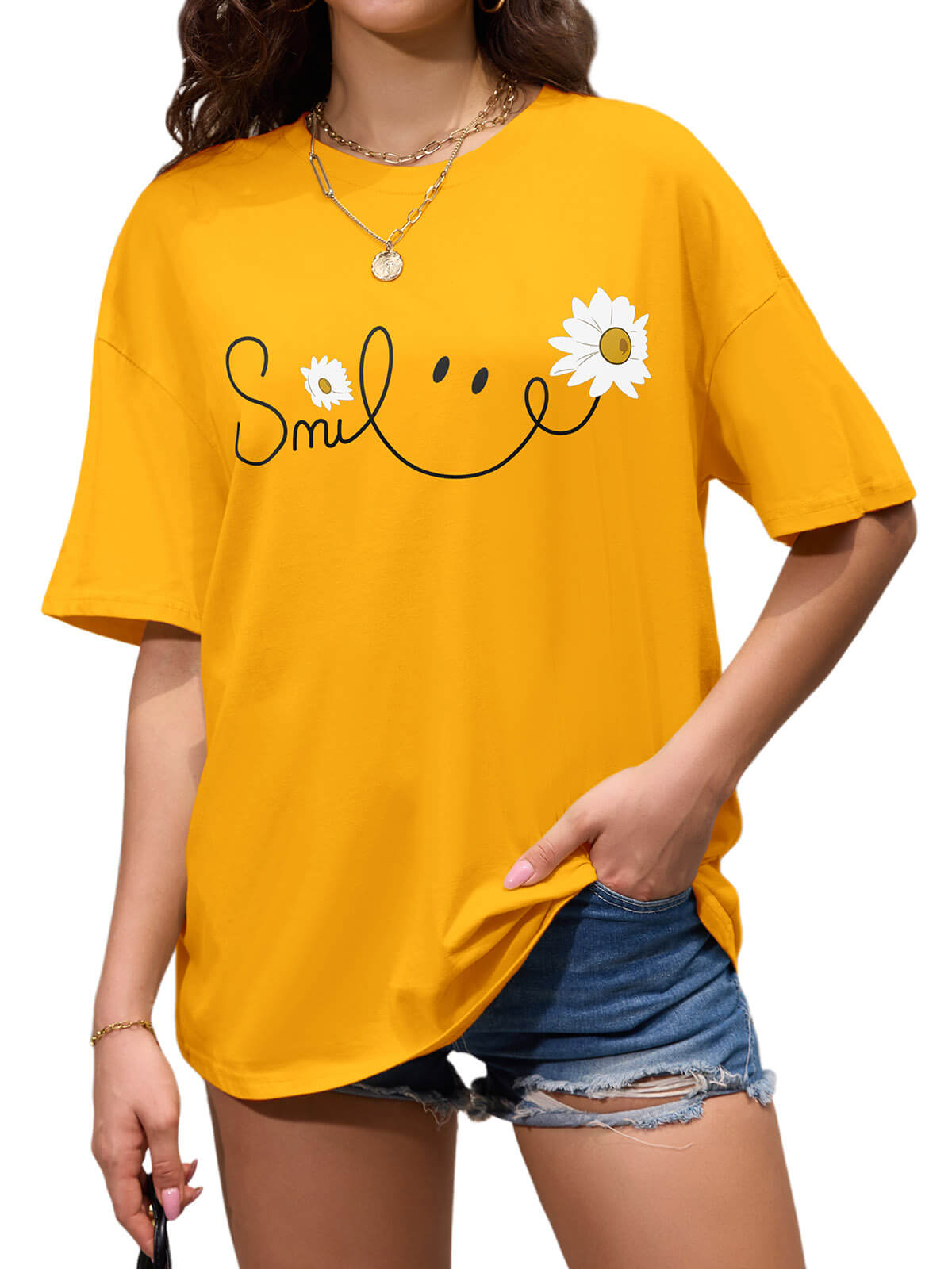 Women Oversized Smile Print Cotton T Shirt