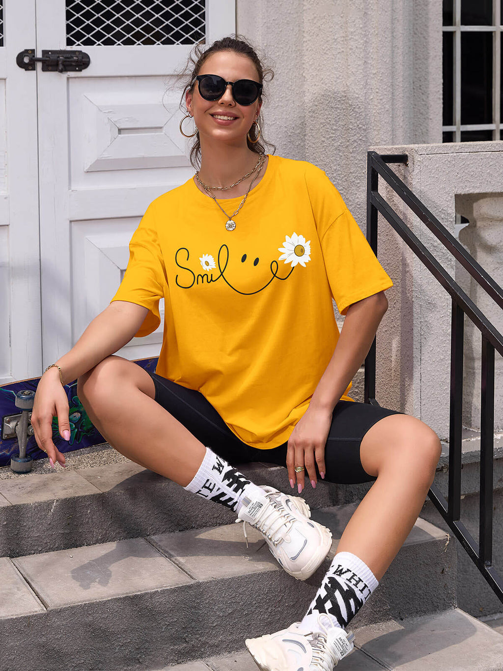 Women Oversized Smile Print Cotton T Shirt