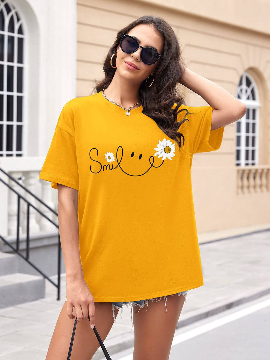 Women Oversized Smile Print Cotton T Shirt