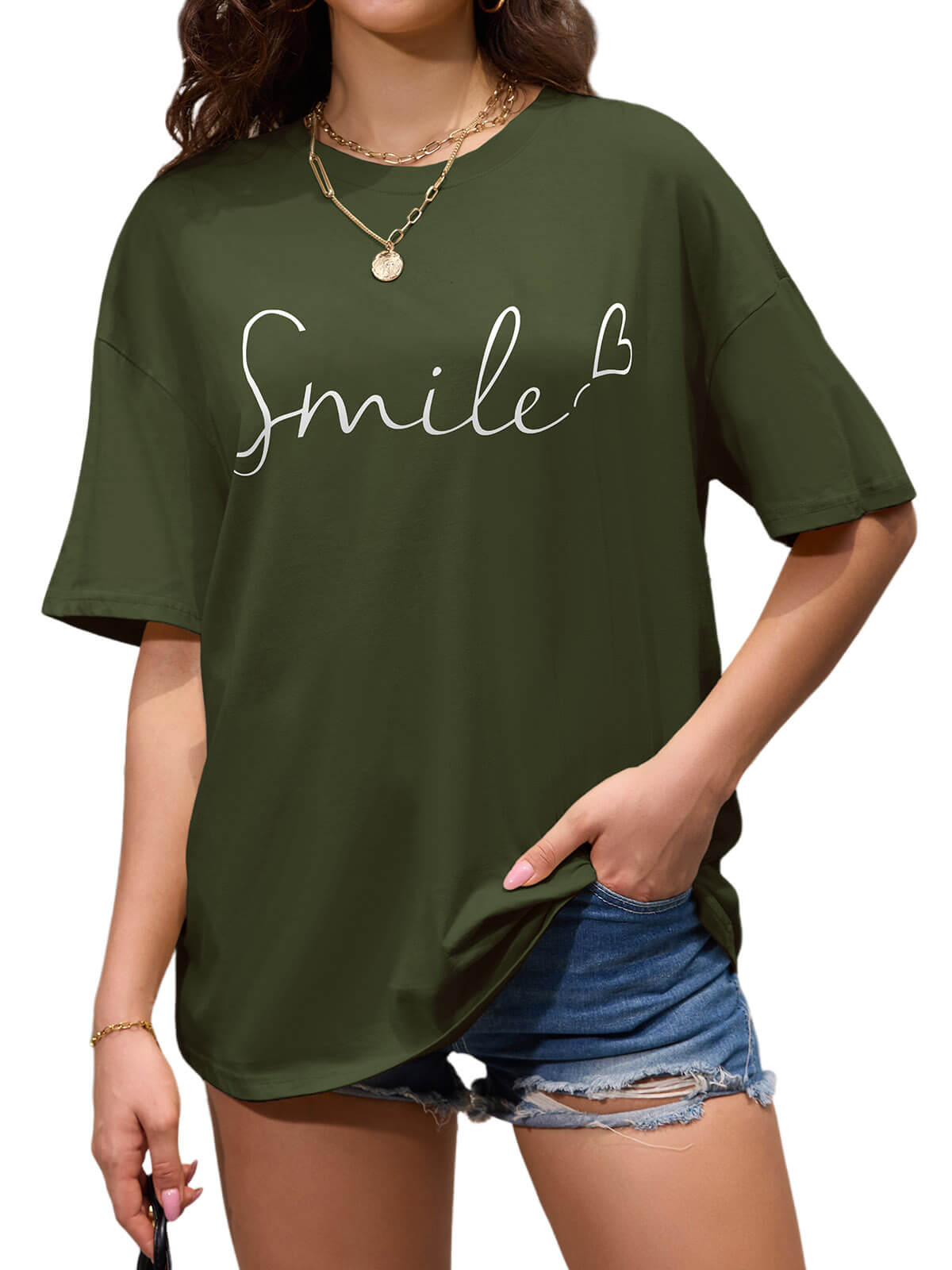 Women Oversized Smile Print Cotton T Shirt