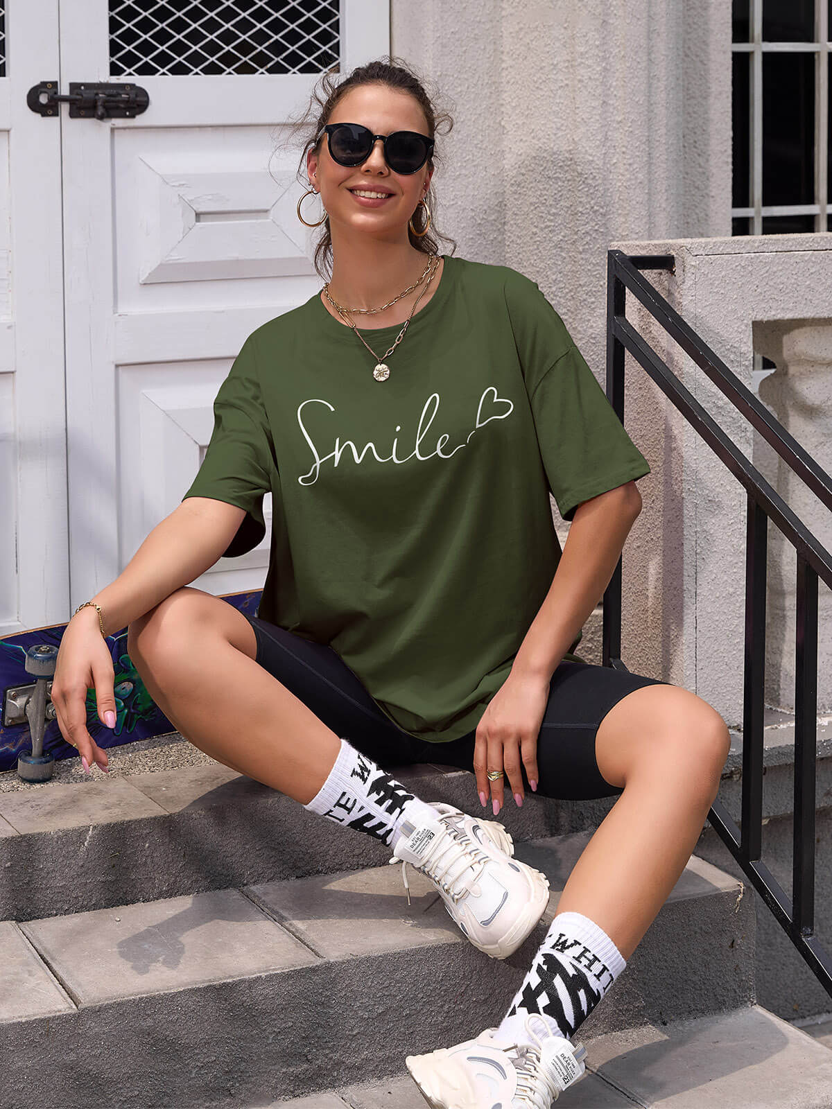 Women Oversized Smile Print Cotton T Shirt