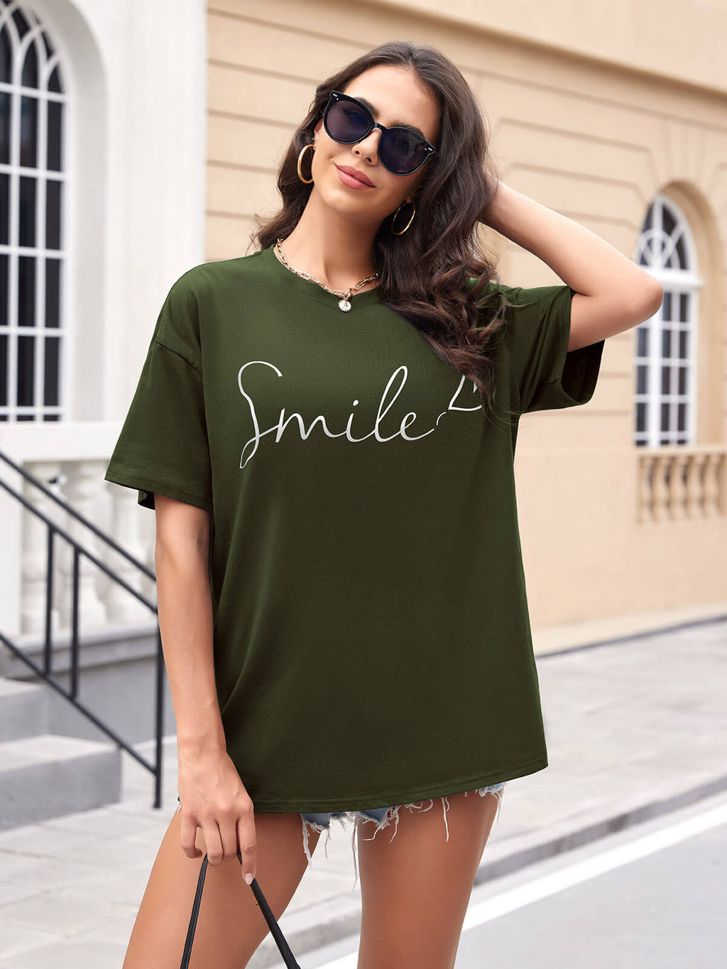 Women Oversized Smile Print Cotton T Shirt