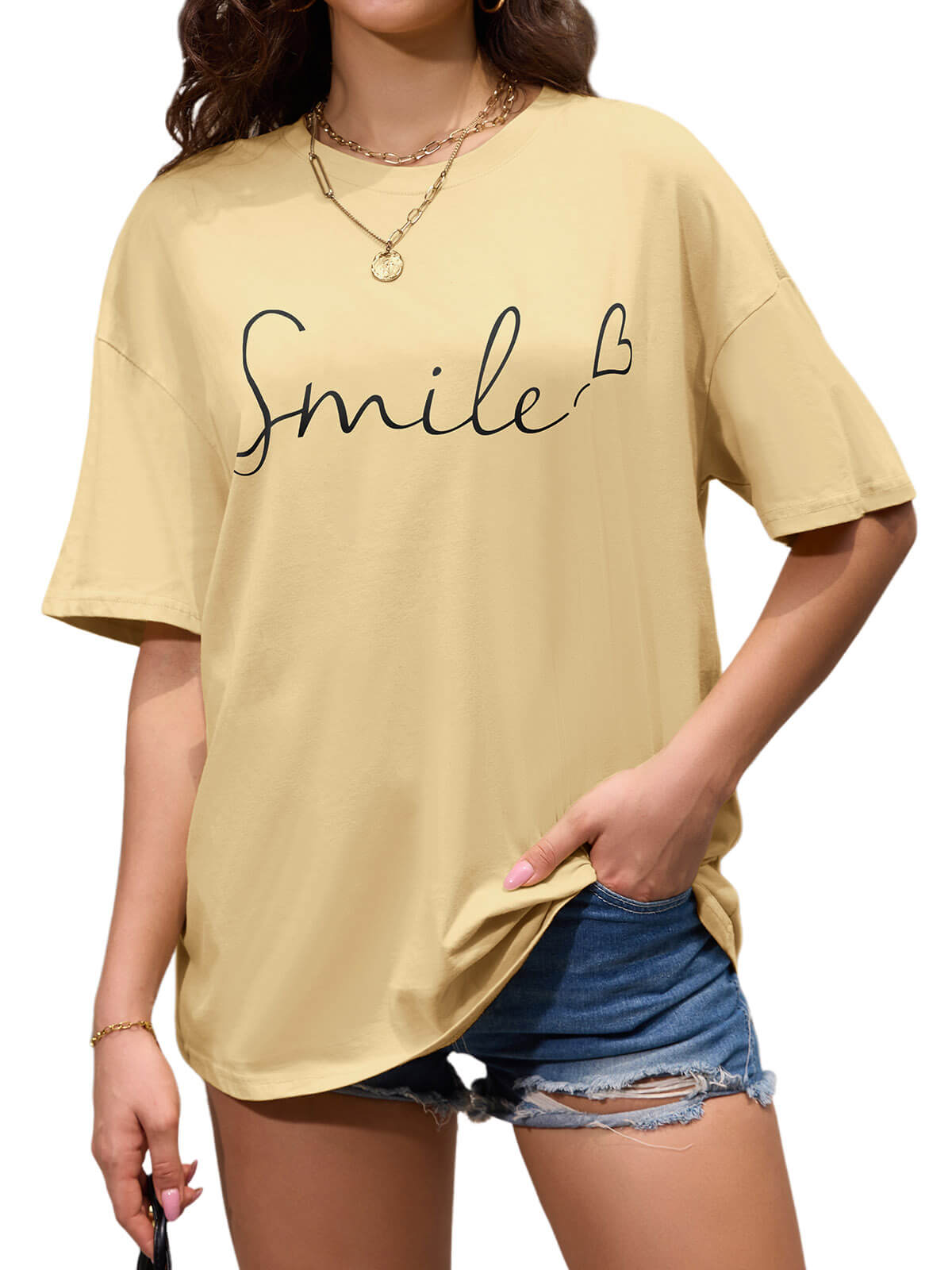 Women Oversized Smile Print Cotton T Shirt
