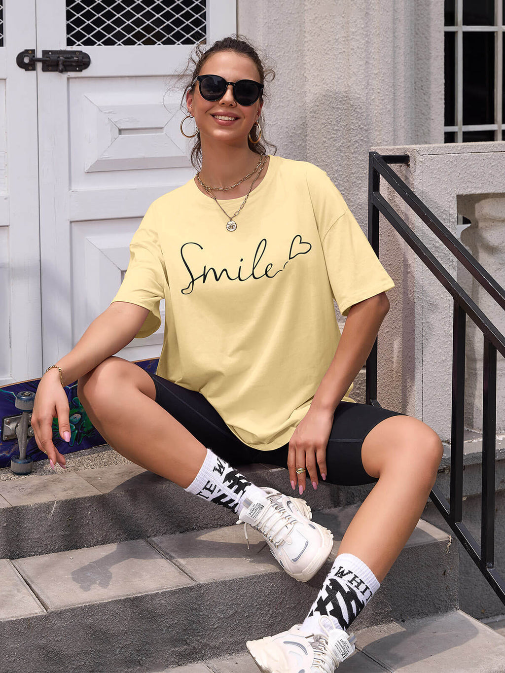 Women Oversized Smile Print Cotton T Shirt