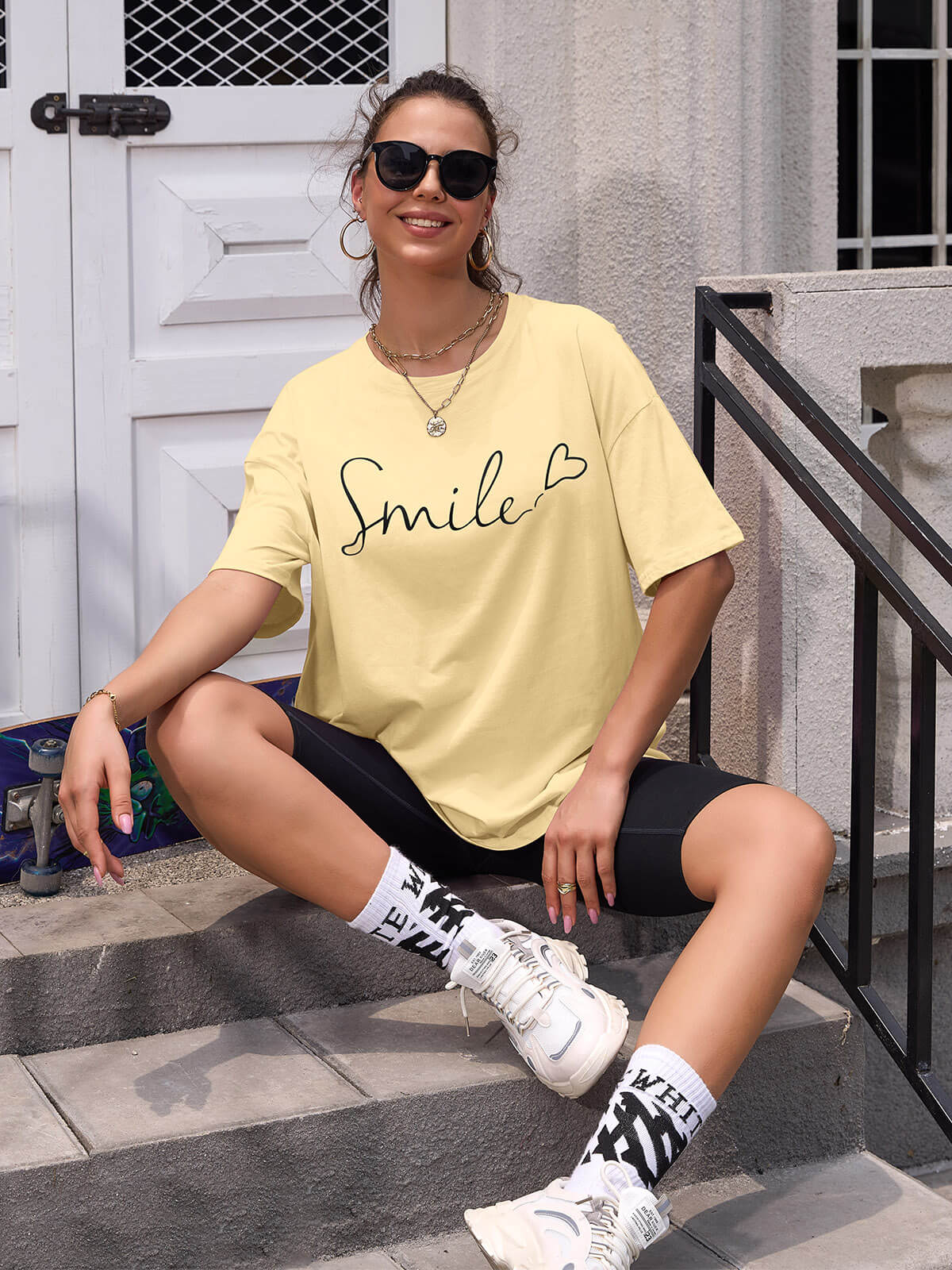Women Oversized Smile Print Cotton T Shirt