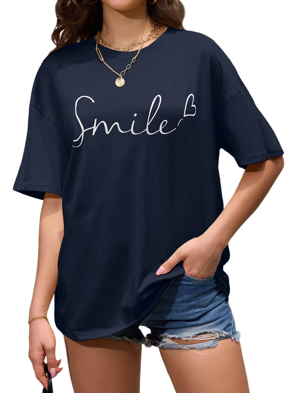Women Oversized Smile Print Cotton T Shirt