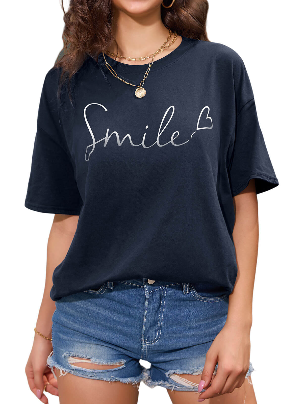 Women Oversized Smile Print Cotton T Shirt