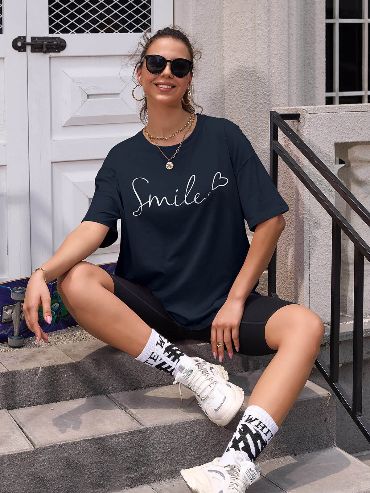 Women Oversized Smile Print Cotton T Shirt