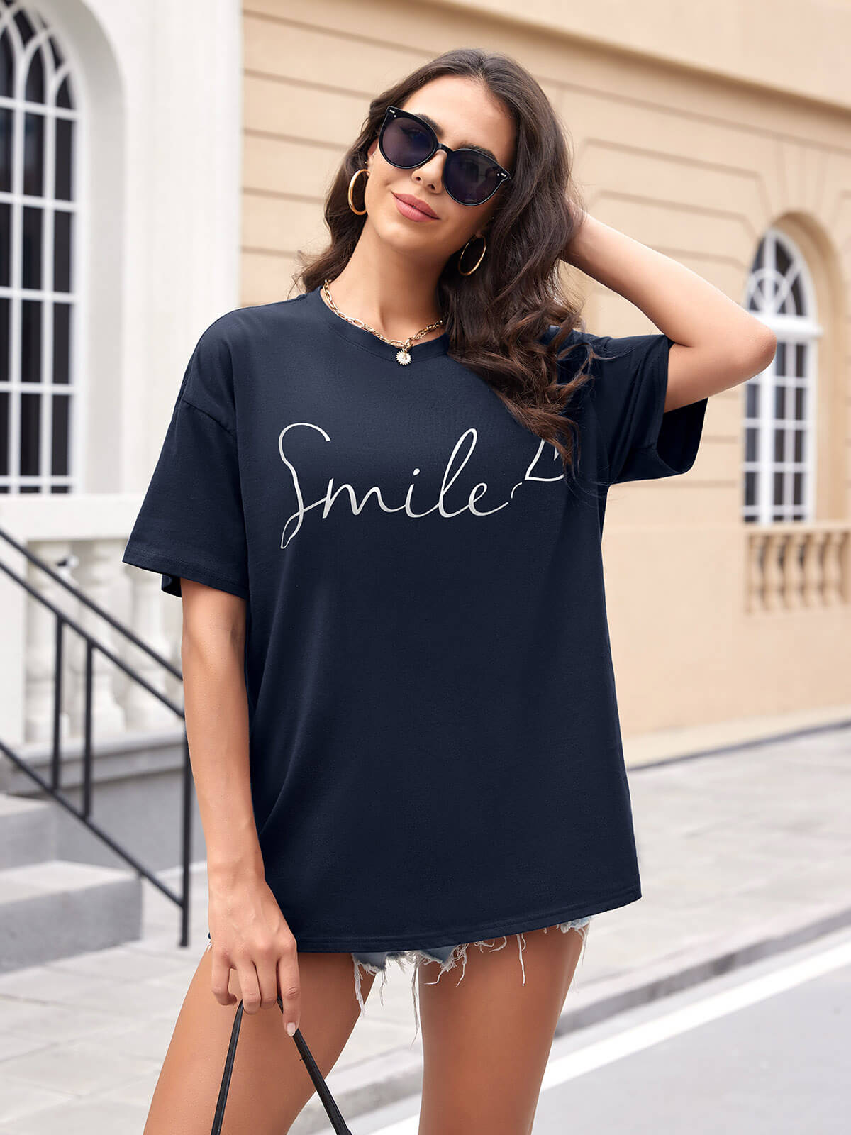 Women Oversized Smile Print Cotton T Shirt