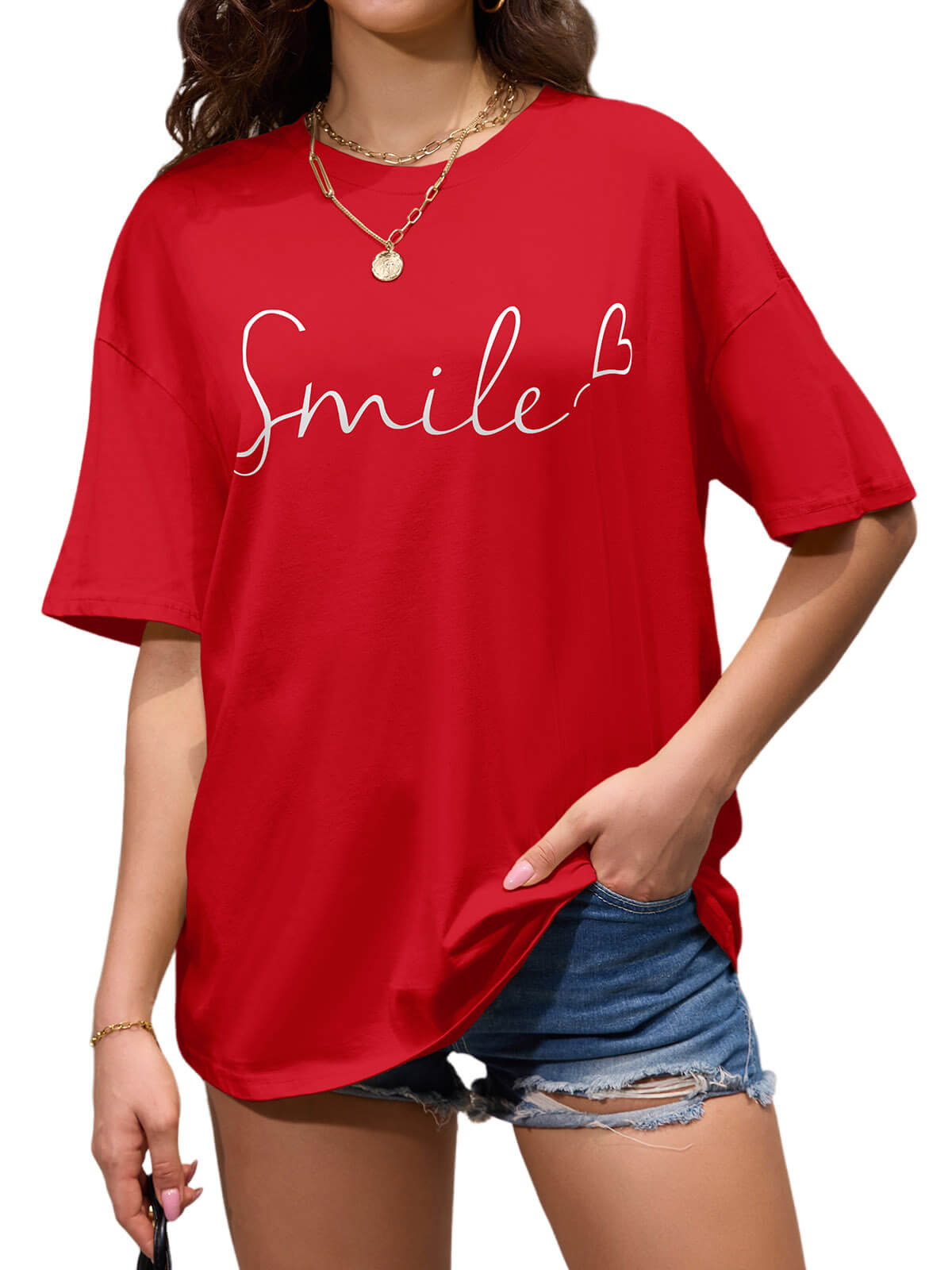 Women Oversized Smile Print Cotton T Shirt